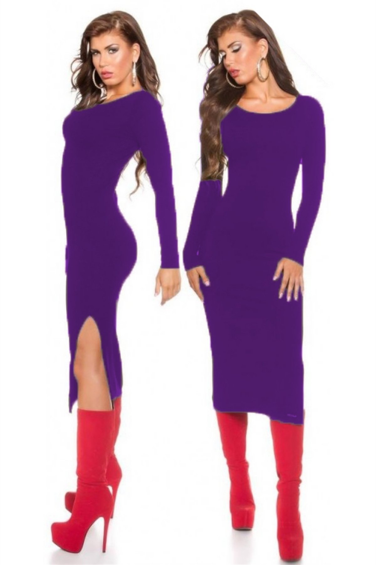 Terry Pau TP101171 Uzun Kollu Yırtmaçlı Kalem Elbise