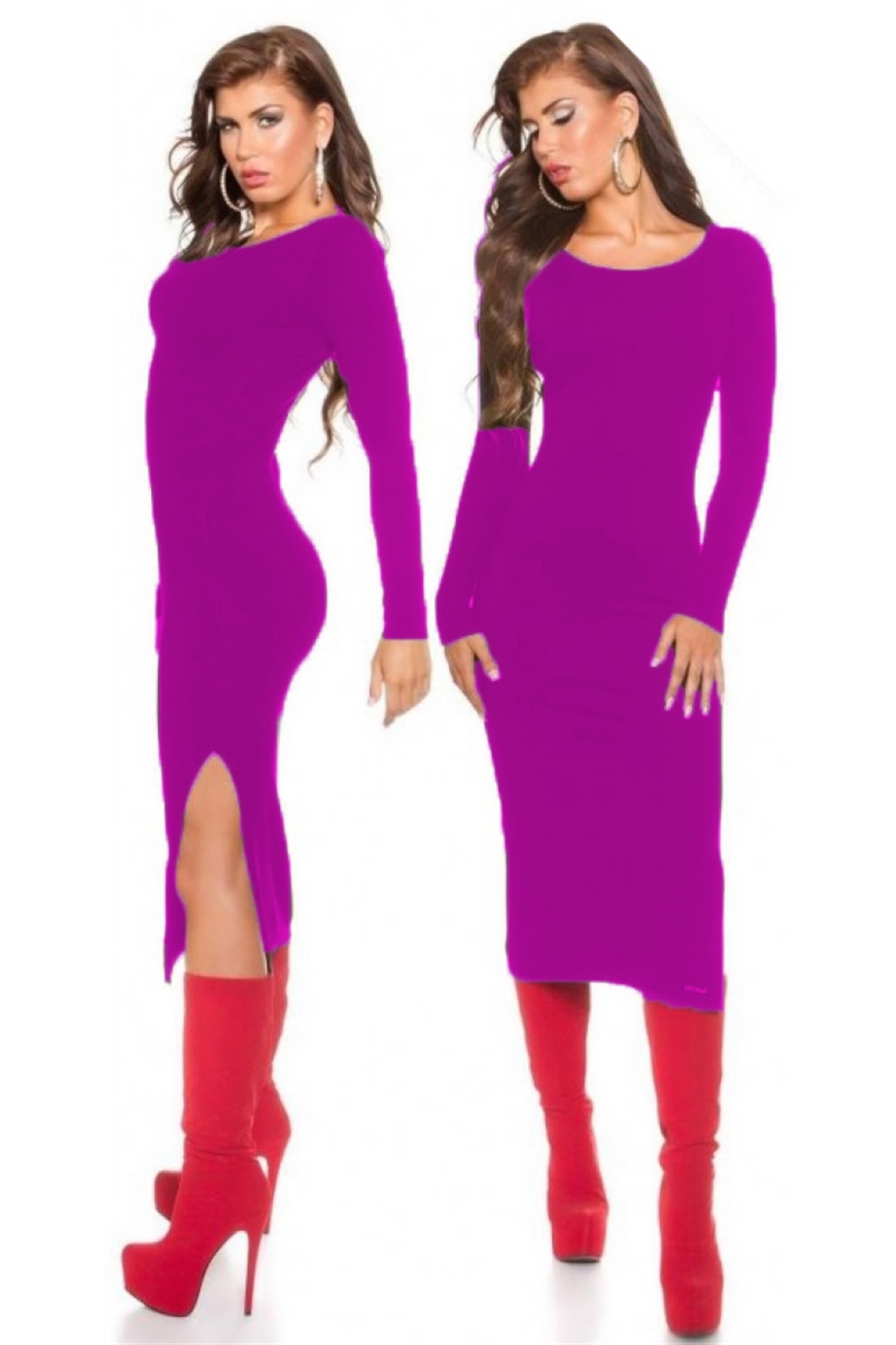 Terry Pau TP101171 Uzun Kollu Yırtmaçlı Kalem Elbise