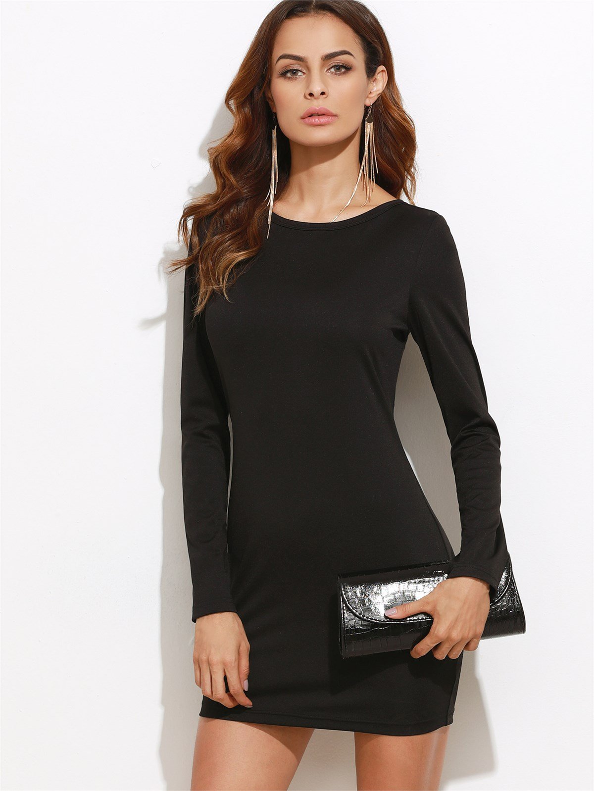 Terry Pau TP101321 Sırt Dekolteli Uzun Kollu Mini Elbise