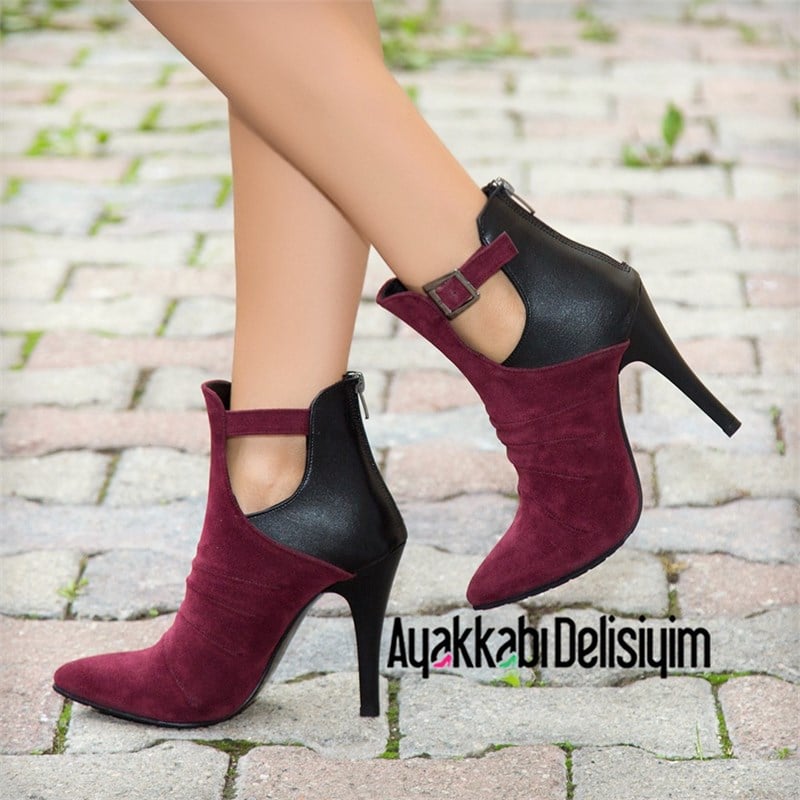 Olga Siyah Bordo İnce Topuklu Bot