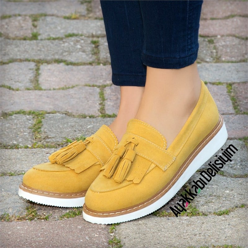 Demo Süet Sarı Beyaz Püsküllü Loafer Ayakkabı
