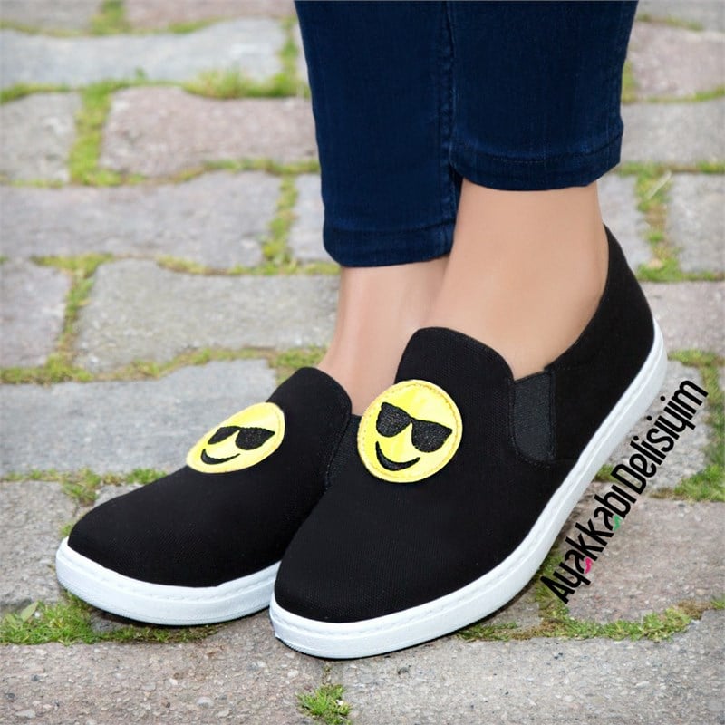 Emoji Keten Siyah Spor Ayakkabı