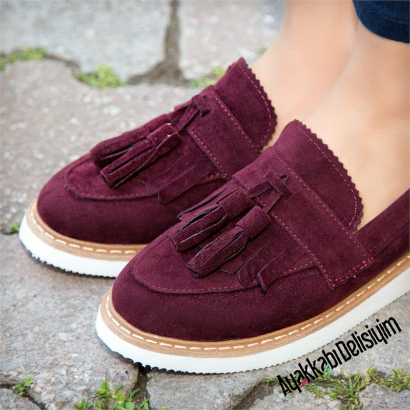 Demo Süet Bordo Beyaz Püsküllü Loafer Ayakkabı