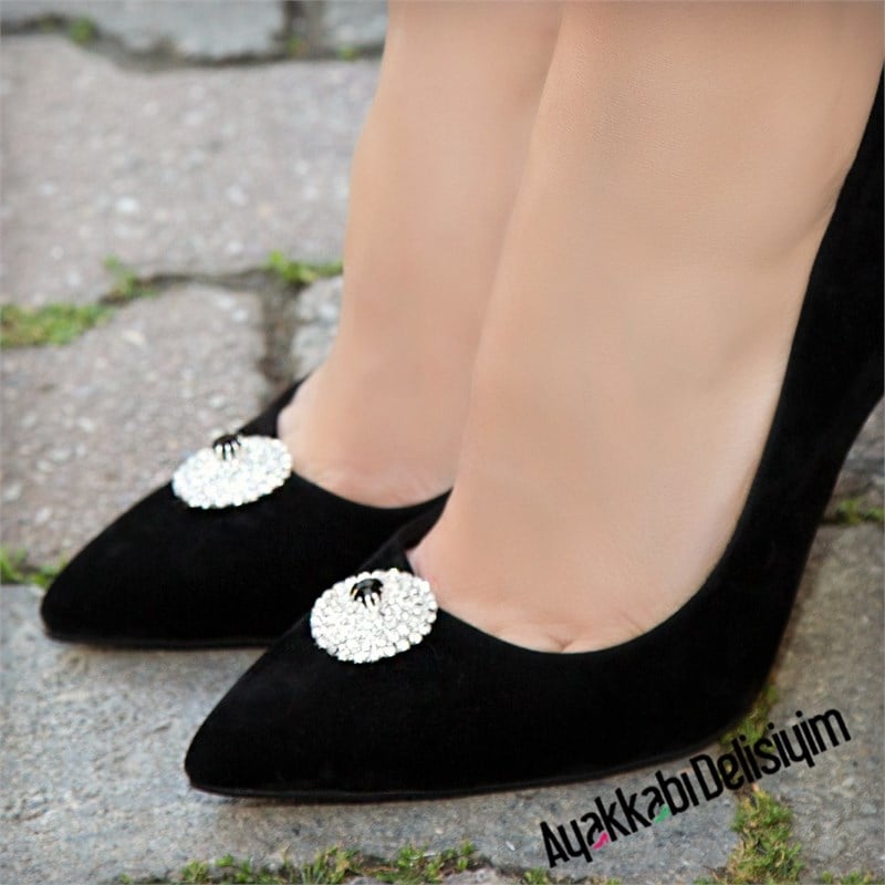 Daymınt Süet Siyah Taşlı Stiletto Ayakkabı
