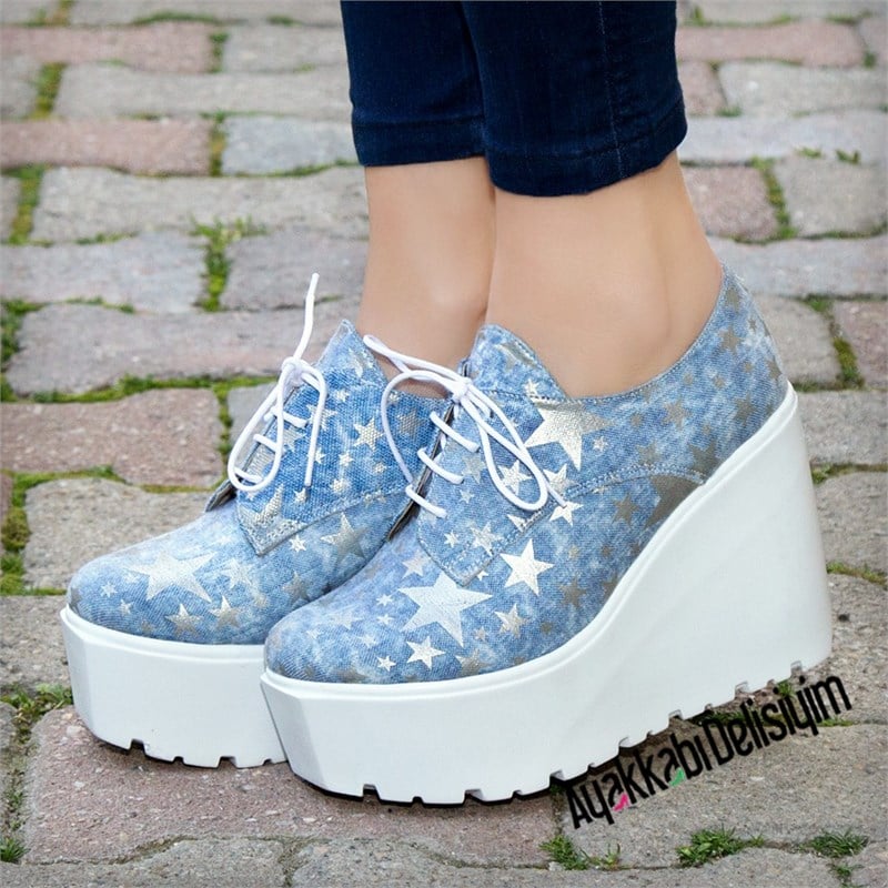 Revel Açık Kot Yıldız Desenli Kalın Tabanlı Ayakkabı