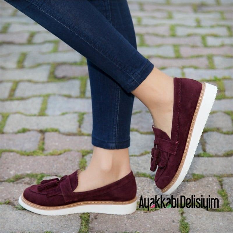 Demo Süet Bordo Beyaz Püsküllü Loafer Ayakkabı