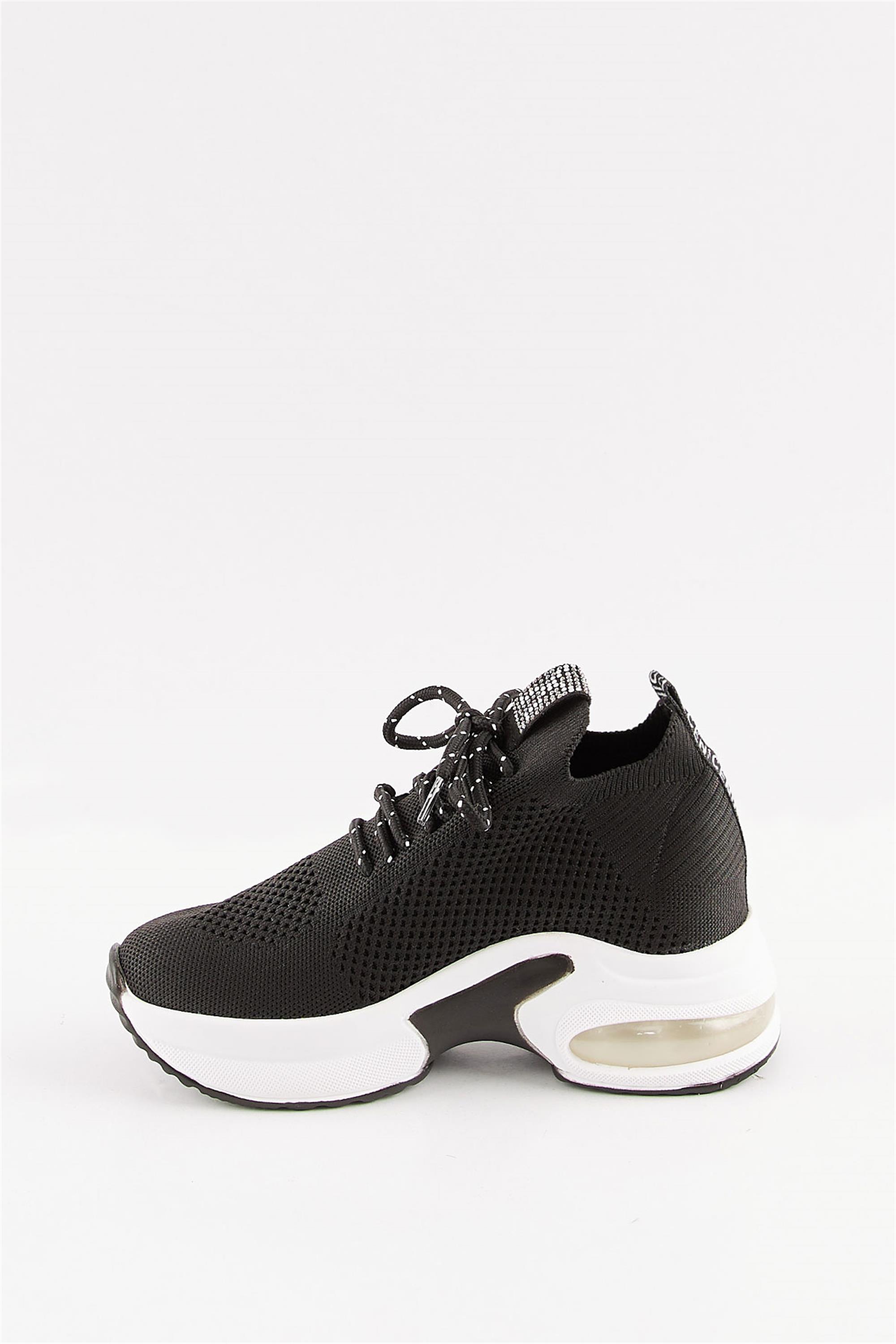 Cabra Siyah Taşlı Triko Gizli Dolgu Topuklu Air Taban Kadın Sneaker Spor Ayakkabı