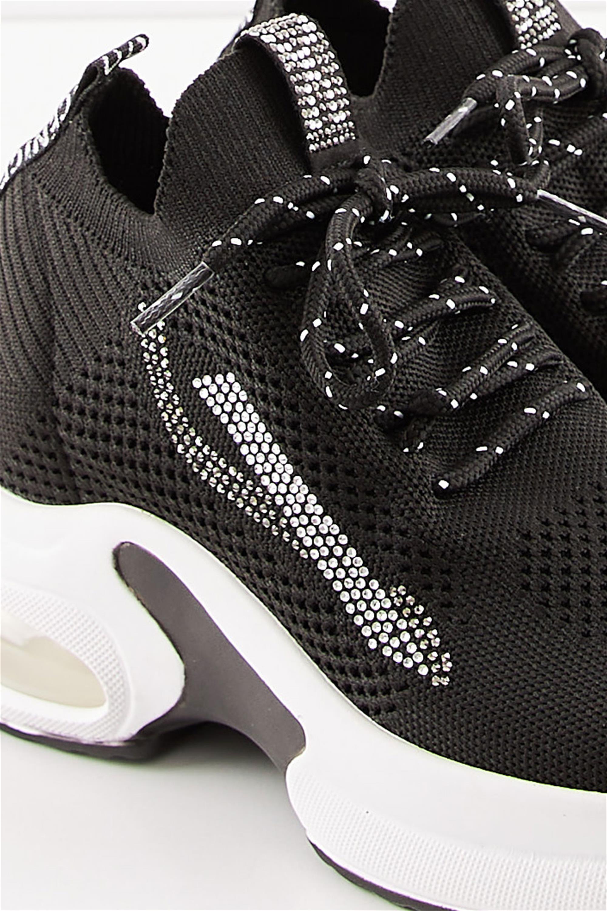 Cabra Siyah Taşlı Triko Gizli Dolgu Topuklu Air Taban Kadın Sneaker Spor Ayakkabı
