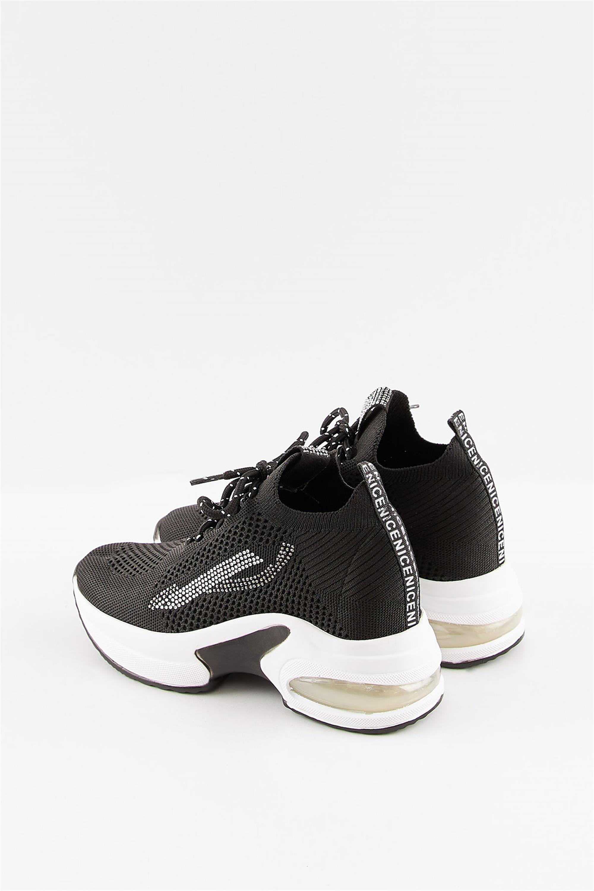 Cabra Siyah Taşlı Triko Gizli Dolgu Topuklu Air Taban Kadın Sneaker Spor Ayakkabı