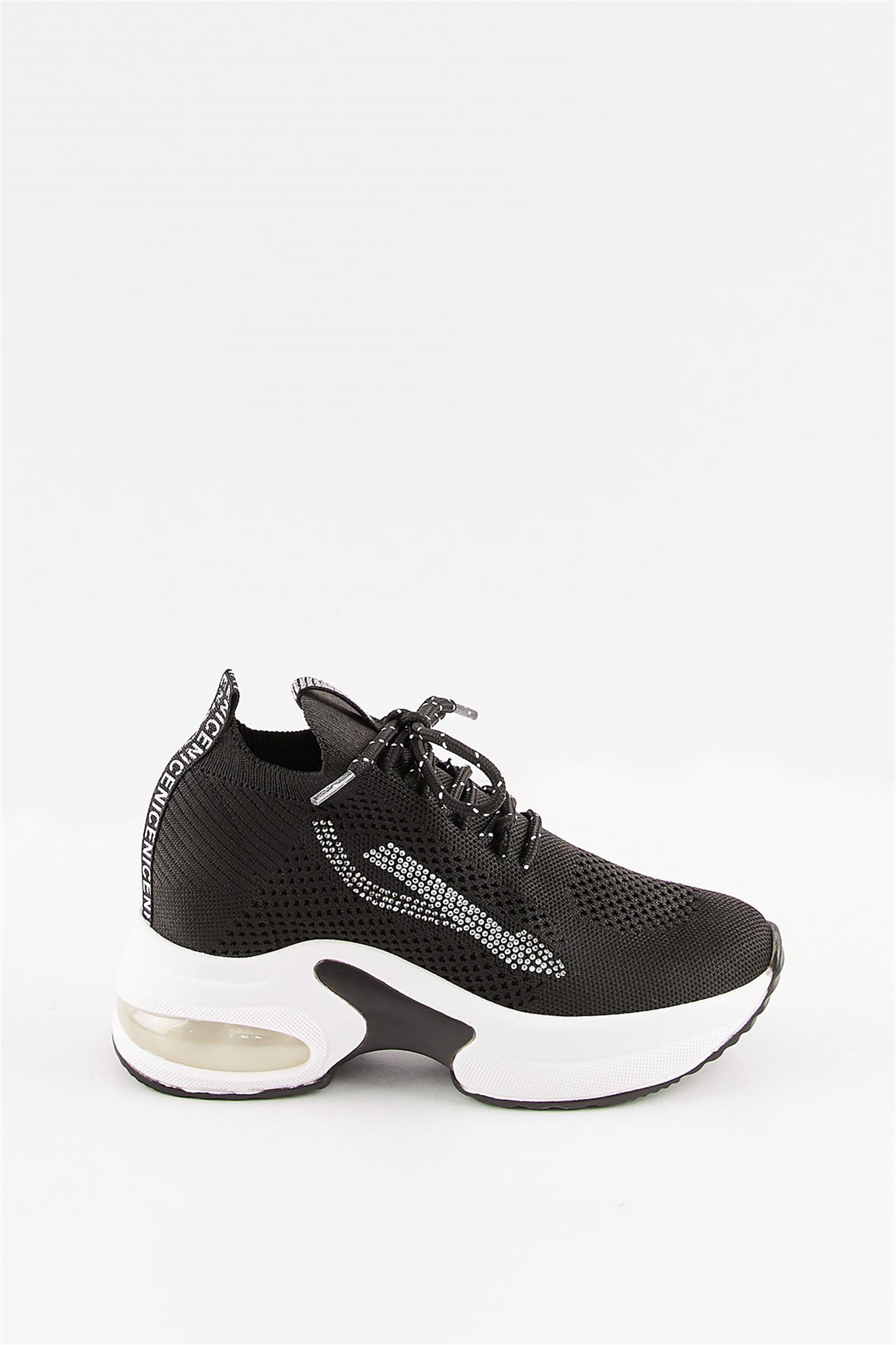 Cabra Siyah Taşlı Triko Gizli Dolgu Topuklu Air Taban Kadın Sneaker Spor Ayakkabı