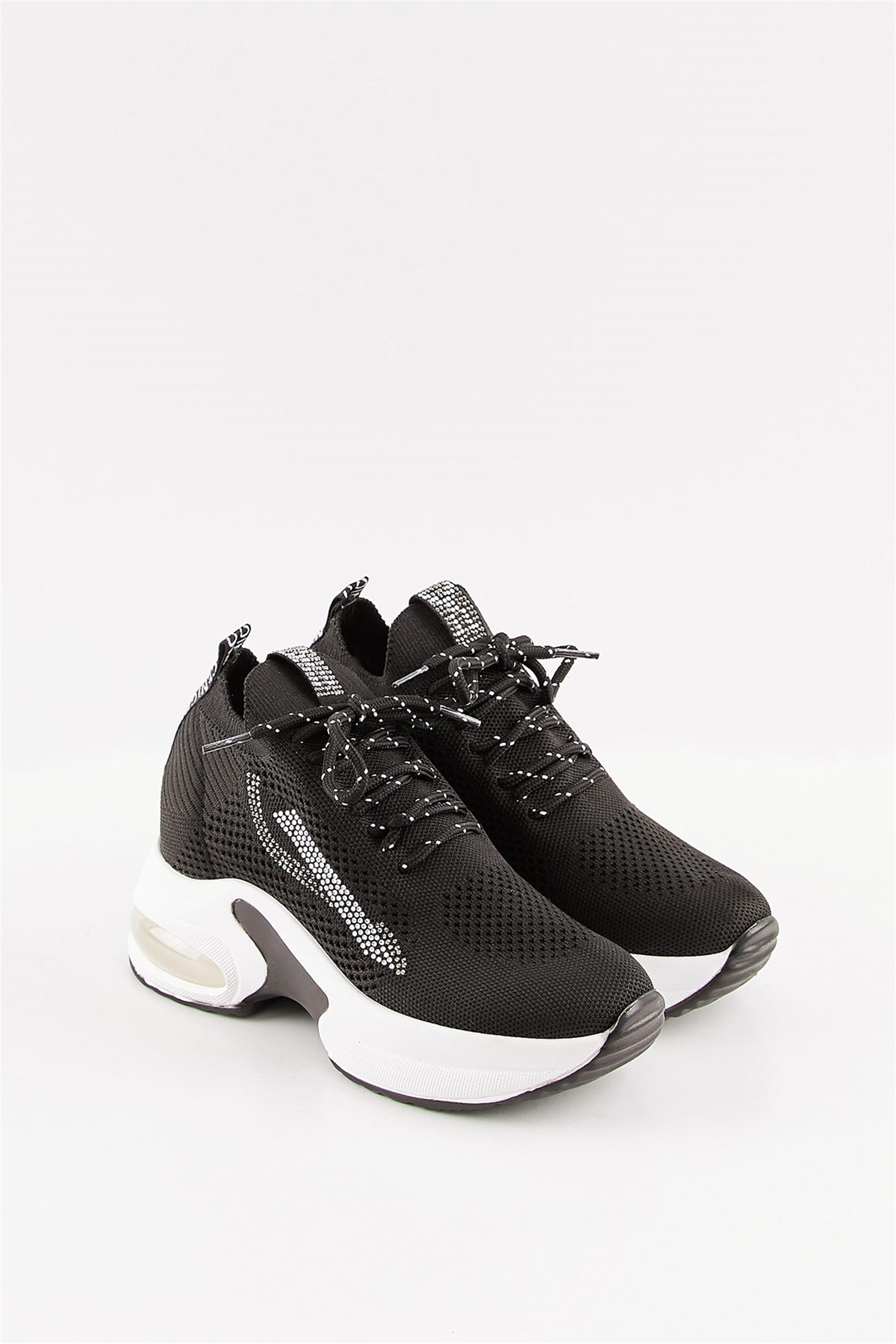 Cabra Siyah Taşlı Triko Gizli Dolgu Topuklu Air Taban Kadın Sneaker Spor Ayakkabı