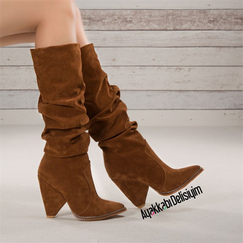 Kosifa Süet Taba Rengi Kalın Topuklu Çizme