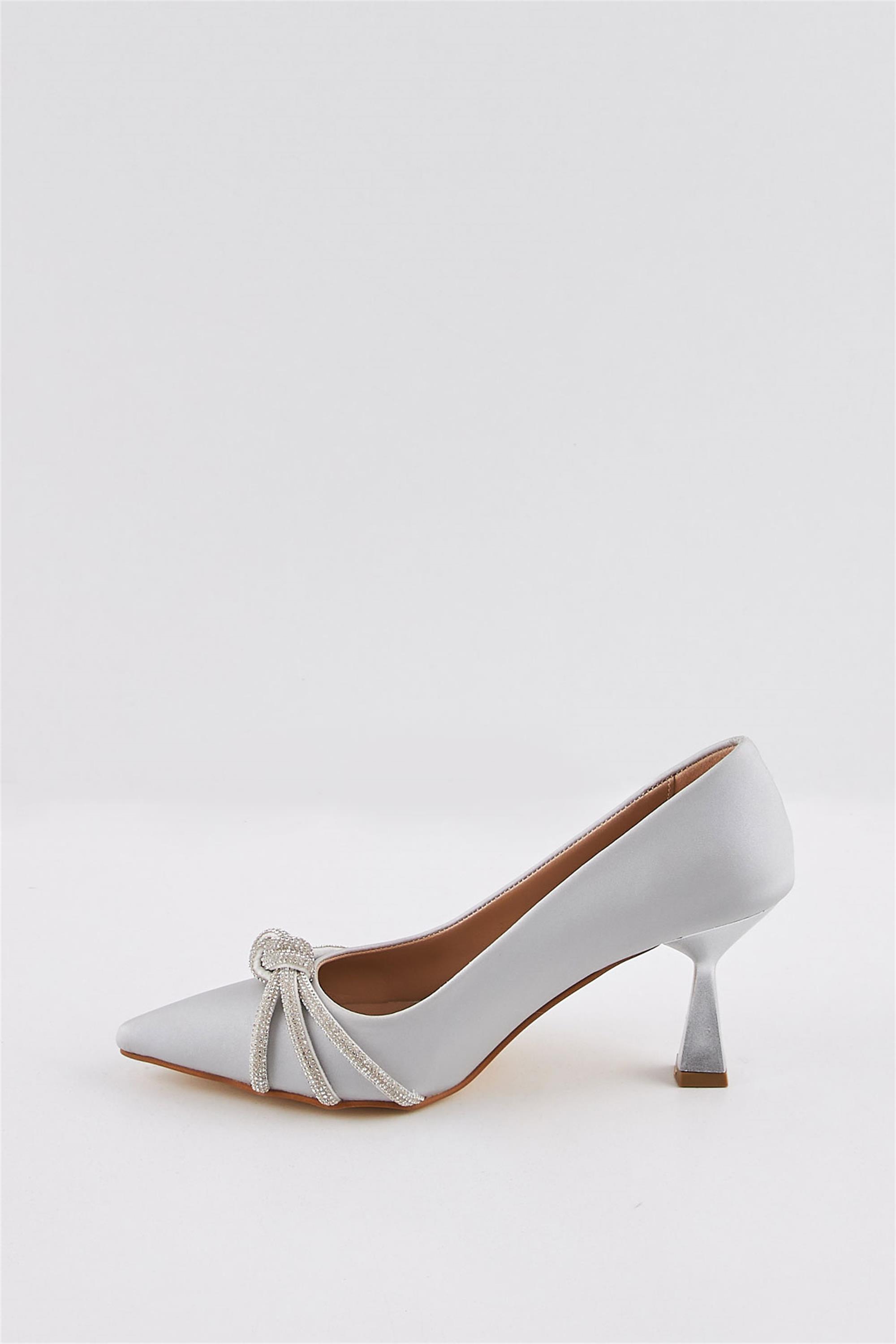 Lesira Gümüş Gri Taşlı Kısa Topuklu Kadın Stiletto Ayakkabı