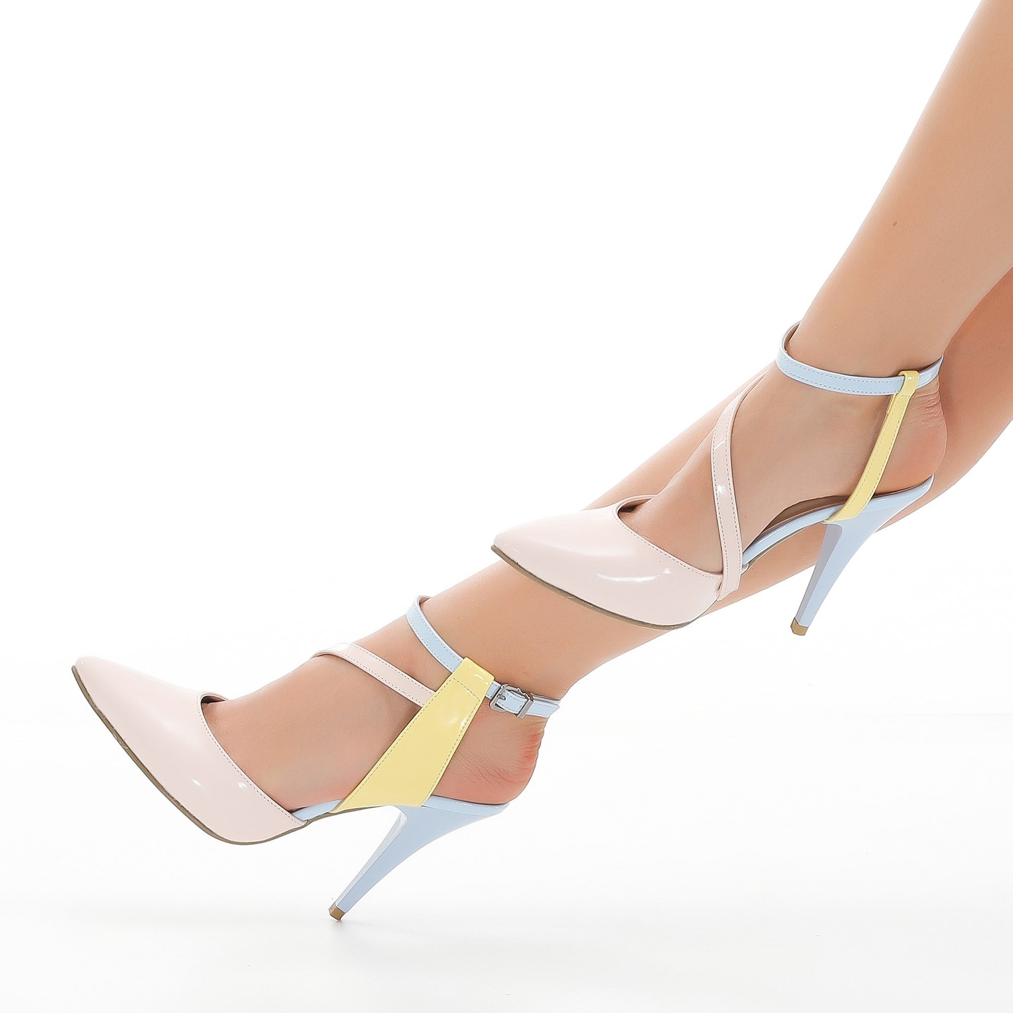 Modayist Sarı Mavi Pudra Arkası Açık Stiletto Ayakkabı