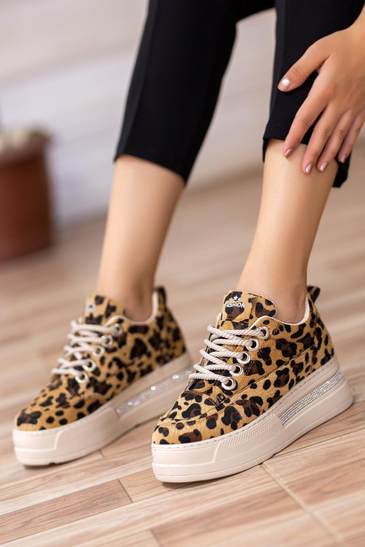 Robin Leopar Kalın Tabanlı Taşlı Bağcıklı Kadın Sneaker Spor Ayakkabı 