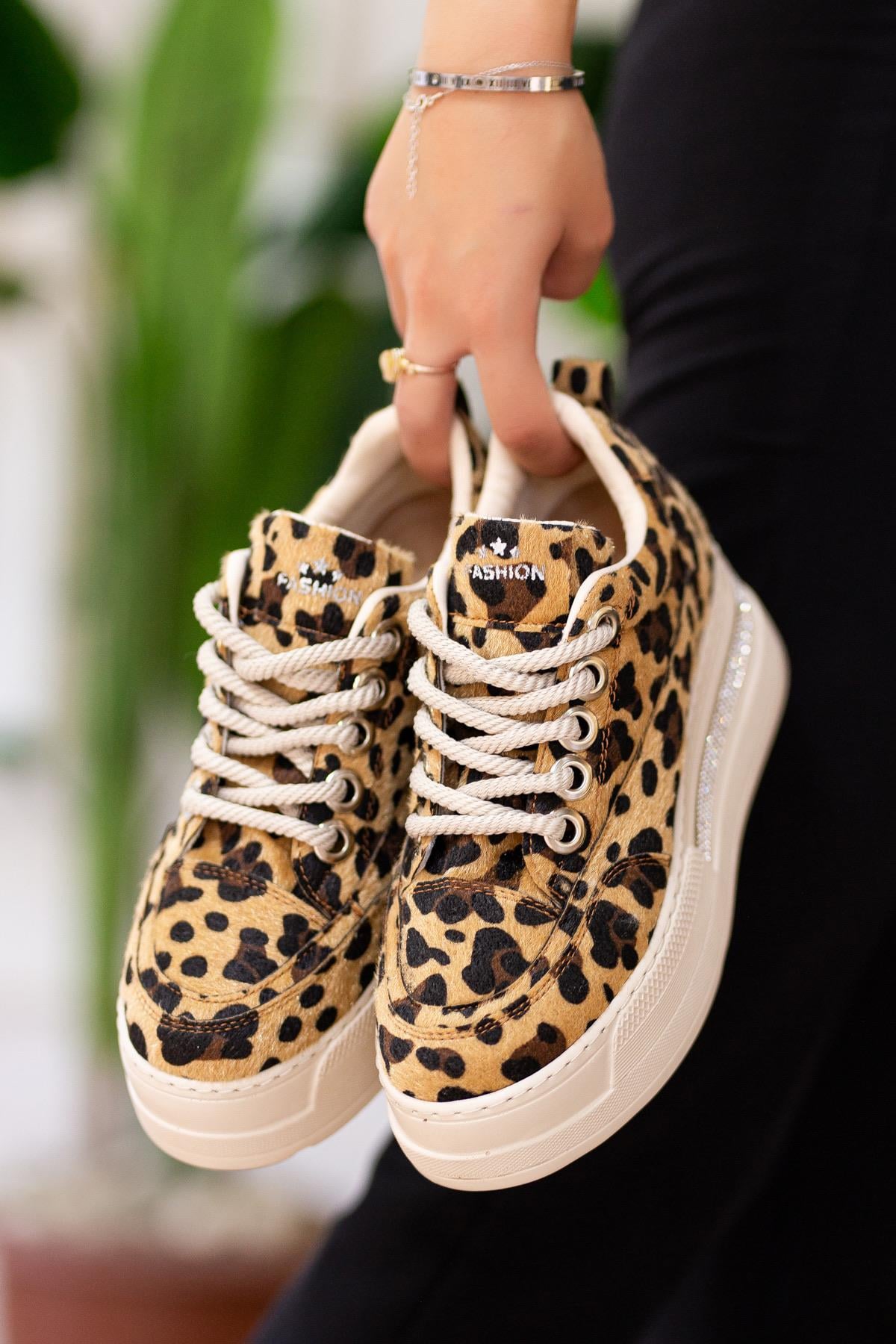 Robin Leopar Kalın Tabanlı Taşlı Bağcıklı Kadın Sneaker Spor Ayakkabı 