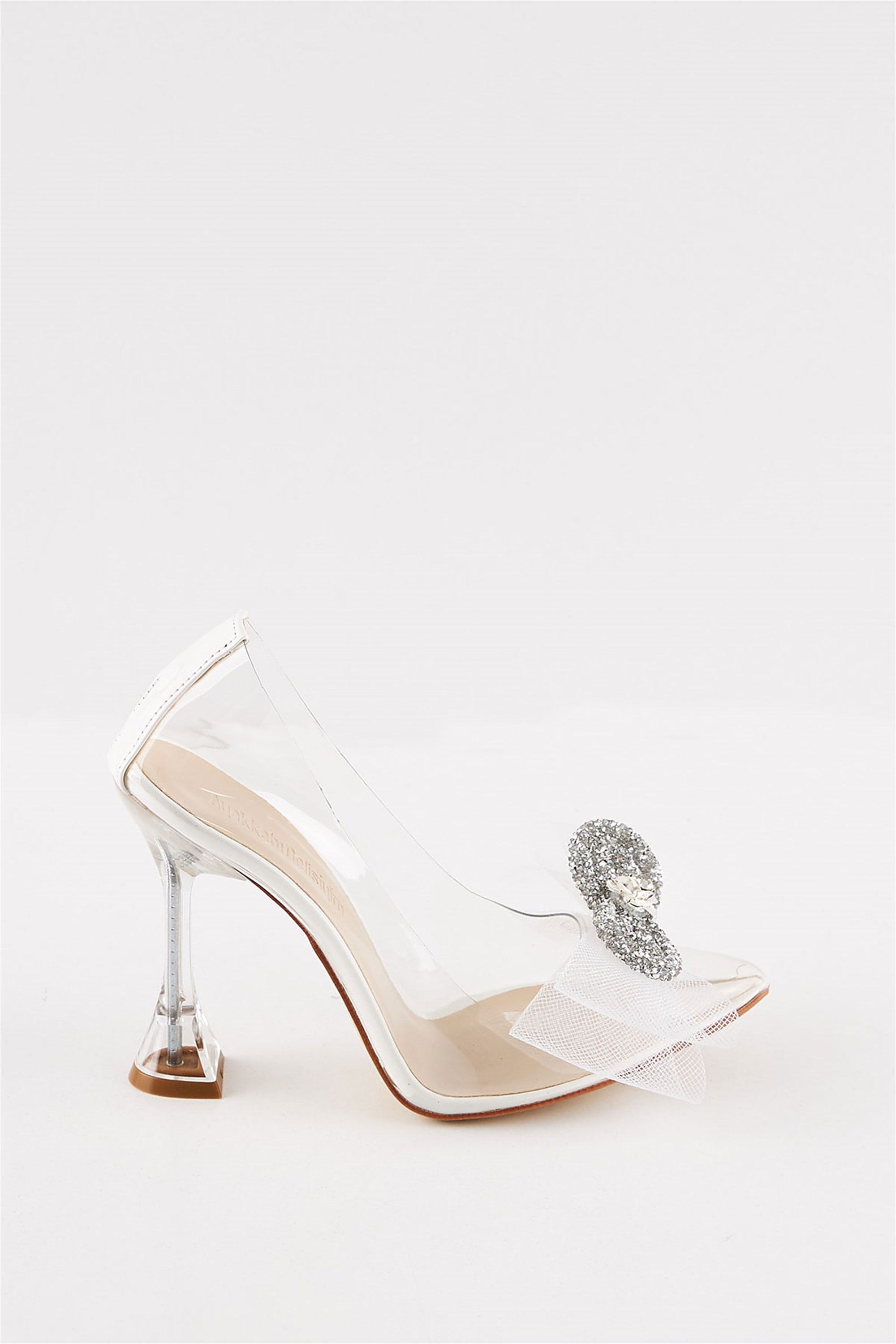 Siliya Beyaz Taşlı Fiyonklu Şeffaf Stiletto