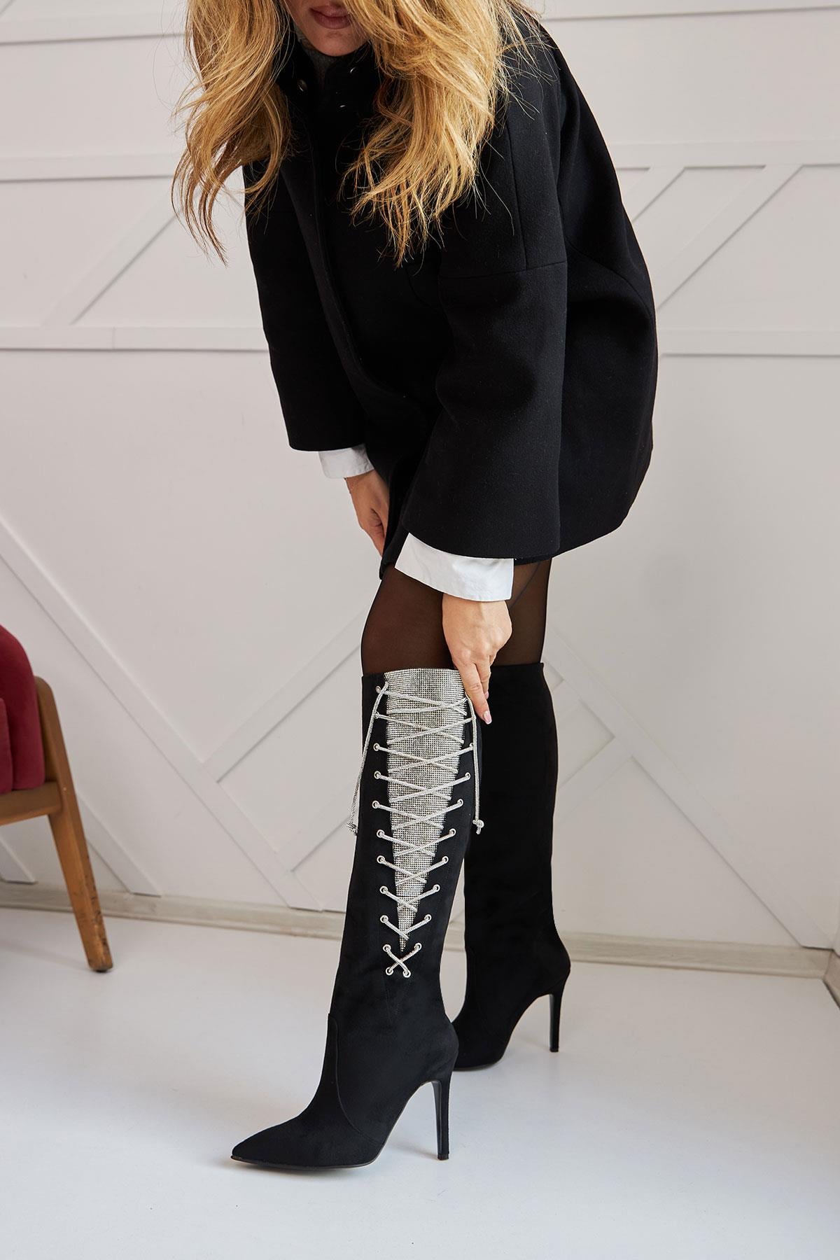 Silvana Süet Siyah Taşlı İnce Topuklu Kadın Stiletto Çizme