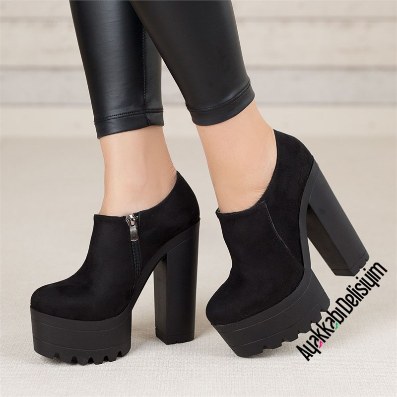Verog Süet Siyah Platform Topuklu Bootie