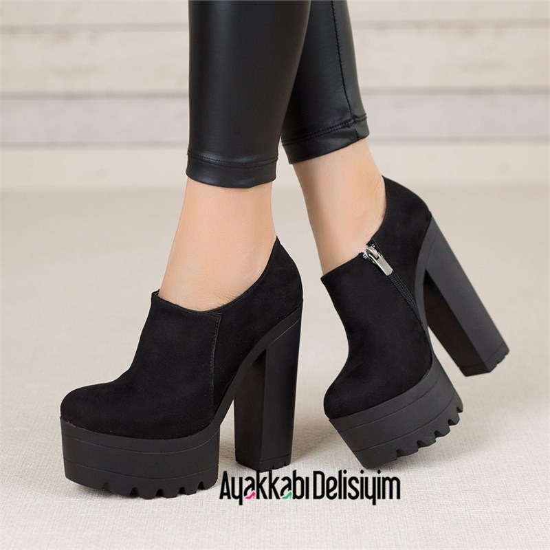 Verog Süet Siyah Platform Topuklu Bootie