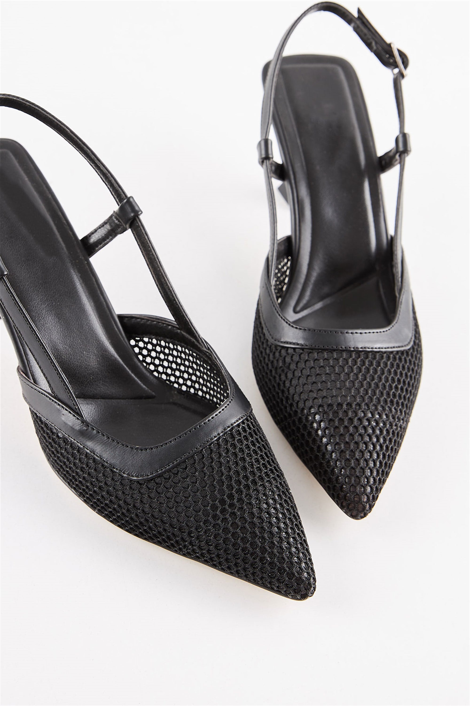 Visay Siyah Tül File Kısa Topuklu Stiletto Ayakkabı