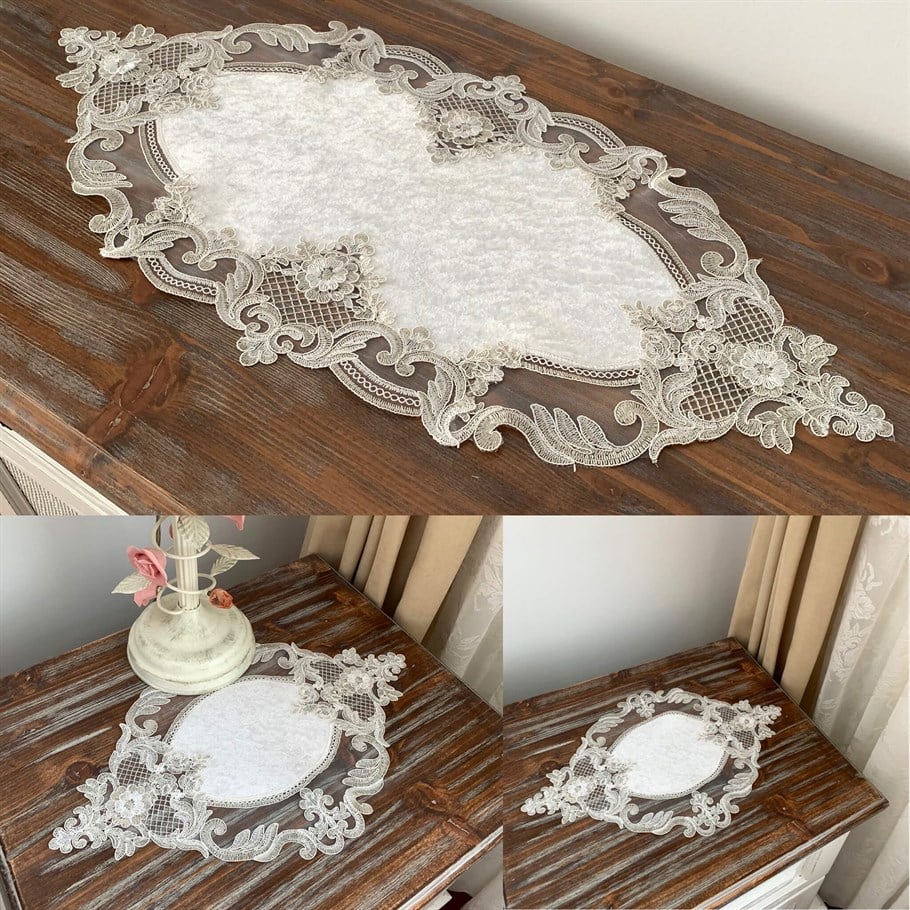 3 Parça Victoria Model Gümüş Dantelli Kadife 