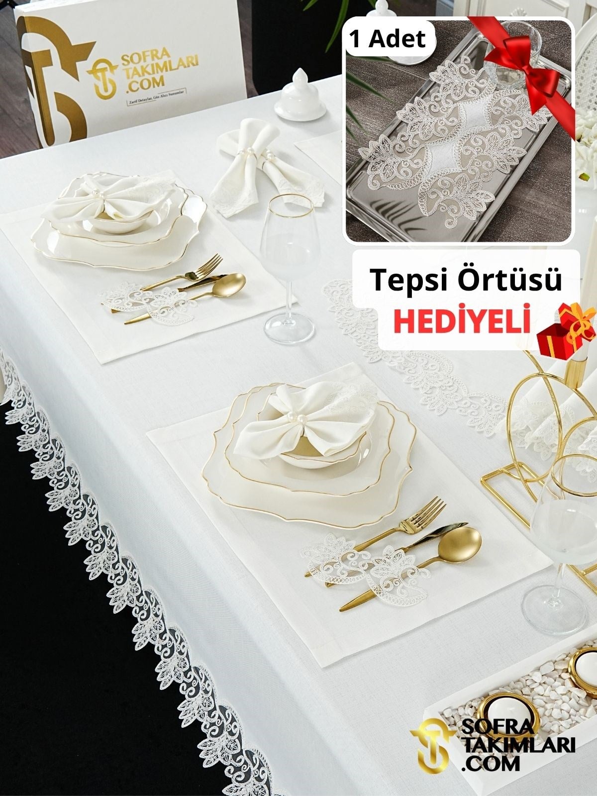 Açelya Model Lüks Sofra Takımı 38 Parça Full Set - Kırık Beyaz Dantel - Kırık Beyaz Keten Kumaş