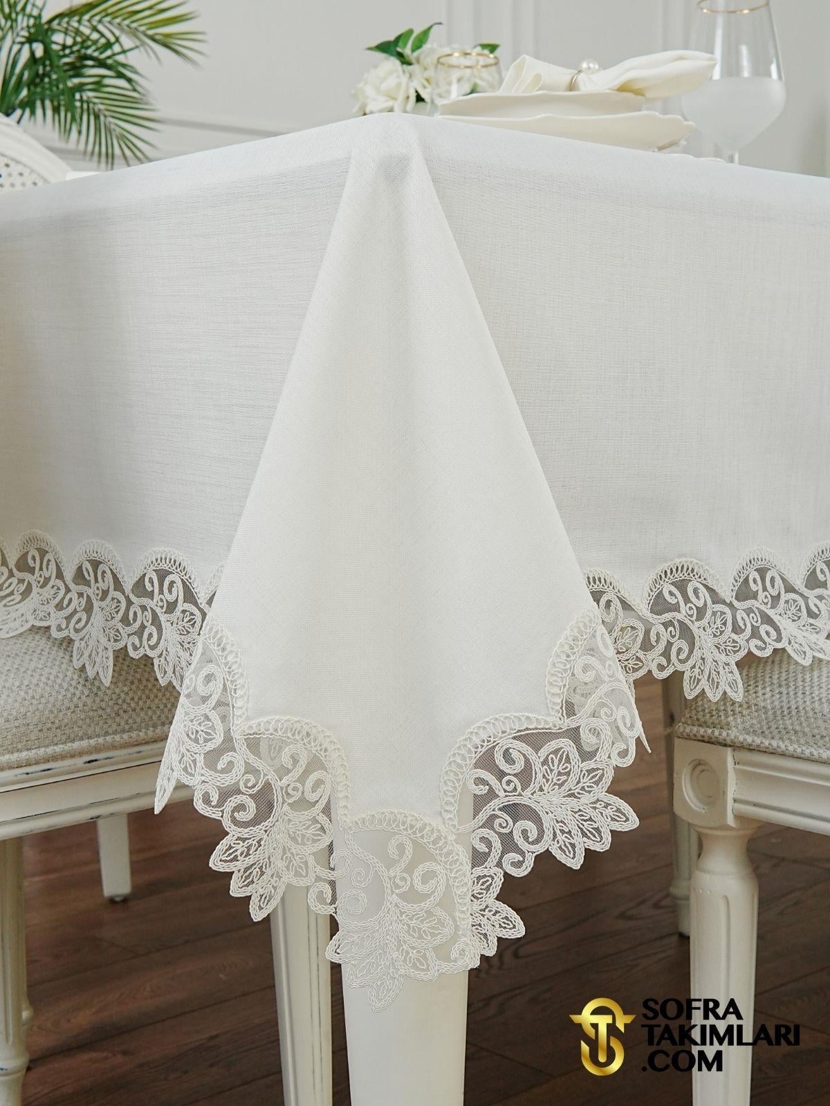 Acelya Model Lüks Sofra Takımı 38 Parça Full Set - Kırık Beyaz Dantel - Kırık Beyaz Keten Kumaş