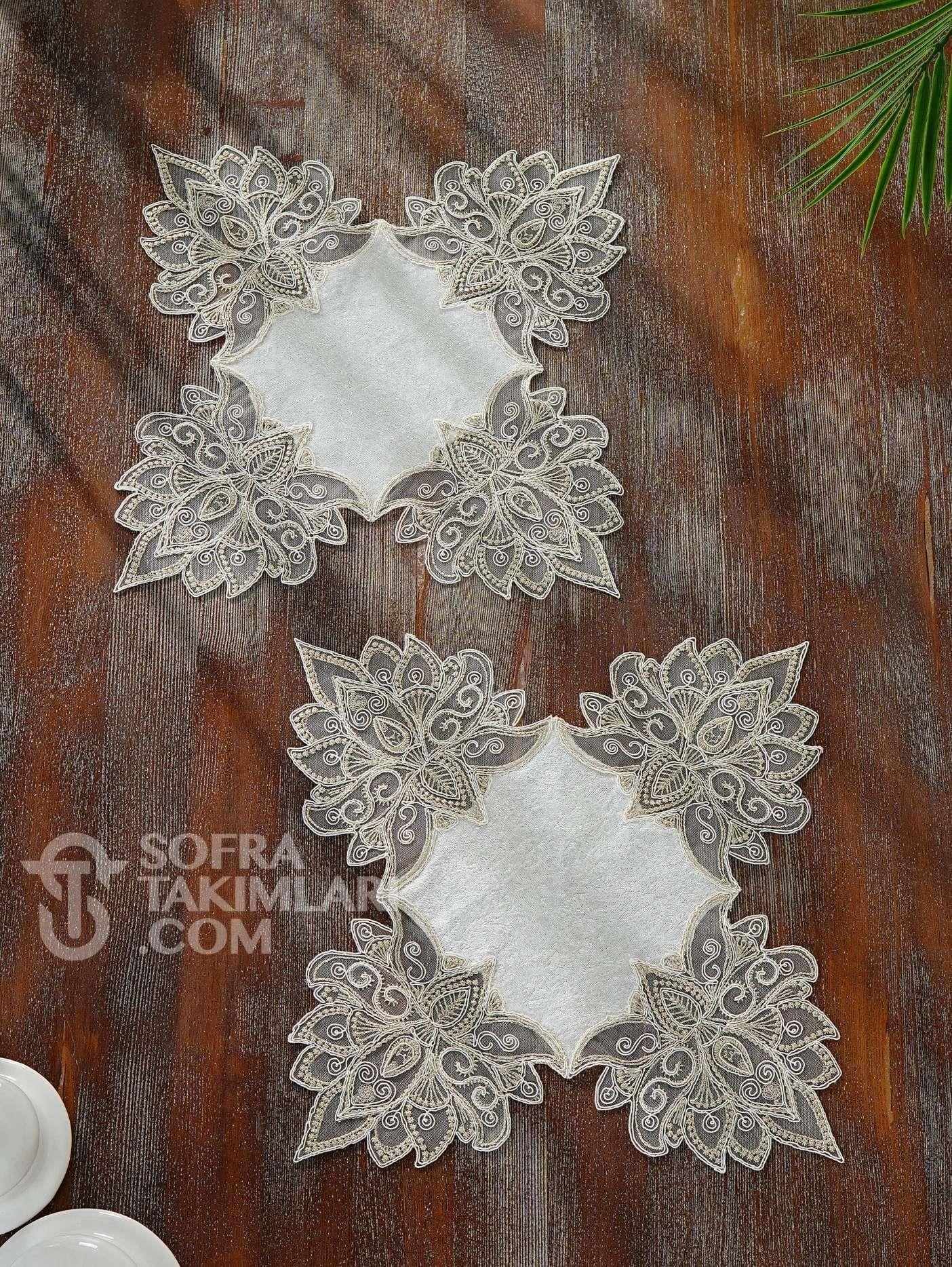 Anka Model 5 Parça Salon Örtü Takımı - Kırık Beyaz Kadife Kumaş