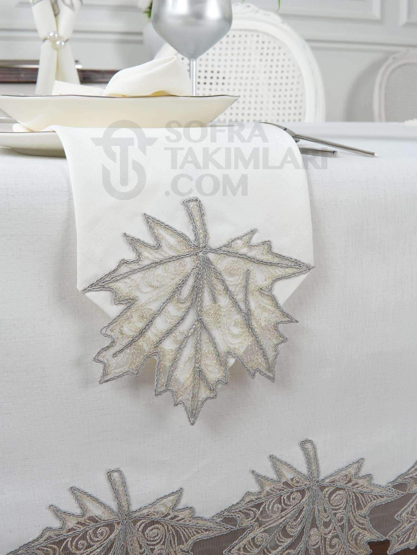 Çınar Lüx Masa Örtüsü Takımı 26 Parça - Gümüş Dantelli