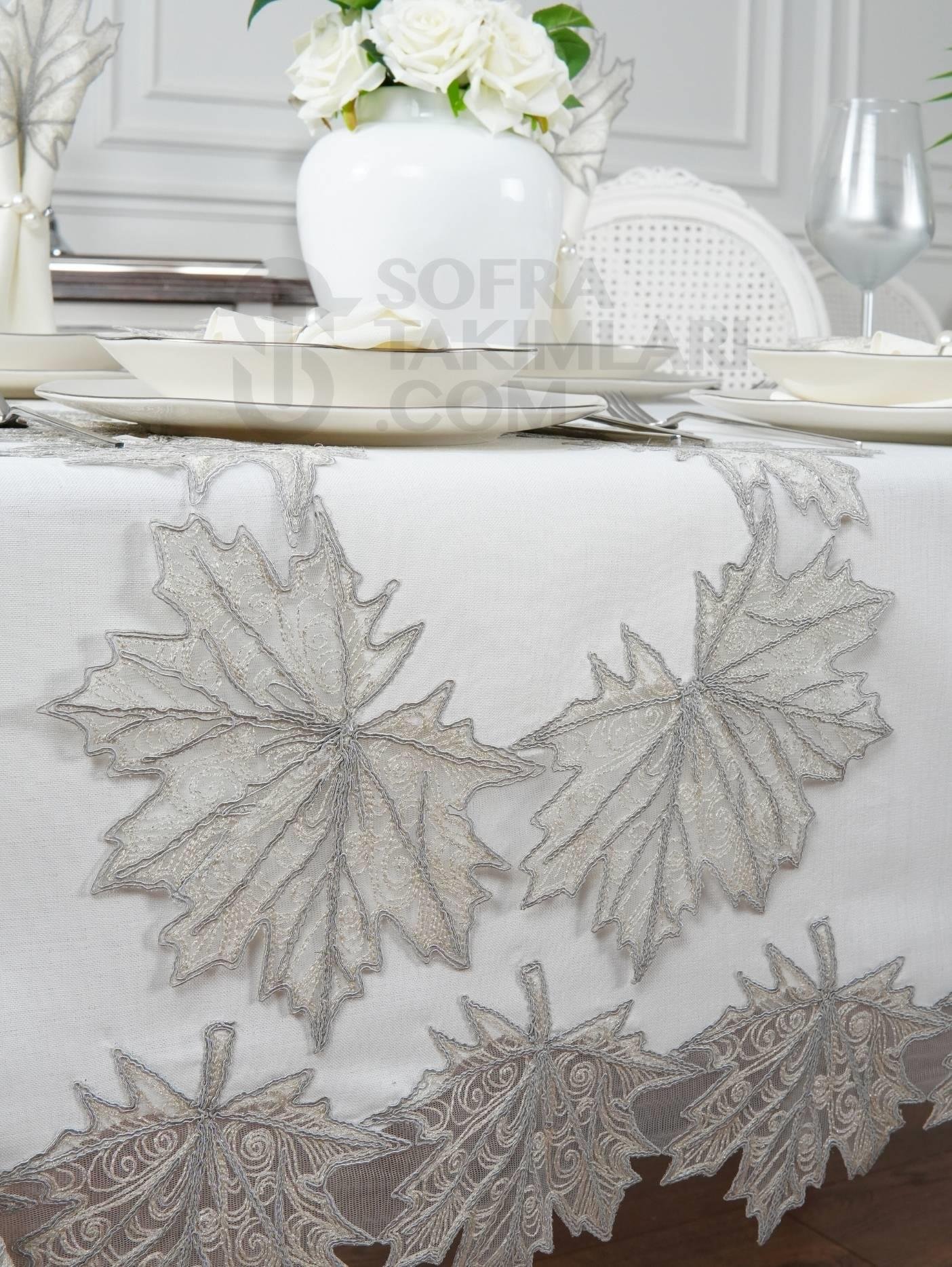 Çınar Lüx Masa Örtüsü Takımı 26 Parça - Gümüş Dantelli