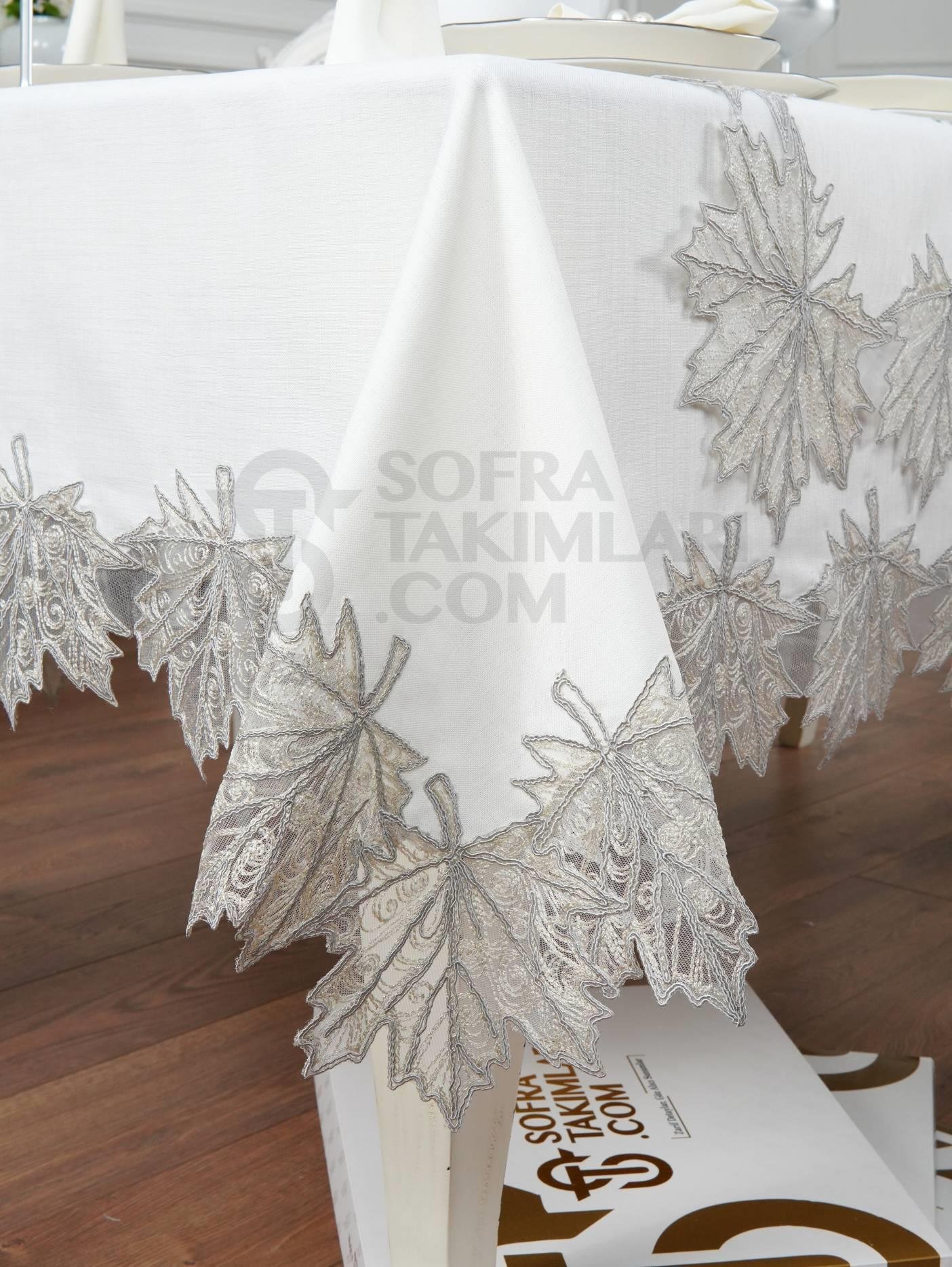 Çınar Lüx Masa Örtüsü Takımı 26 Parça - Gümüş Dantelli
