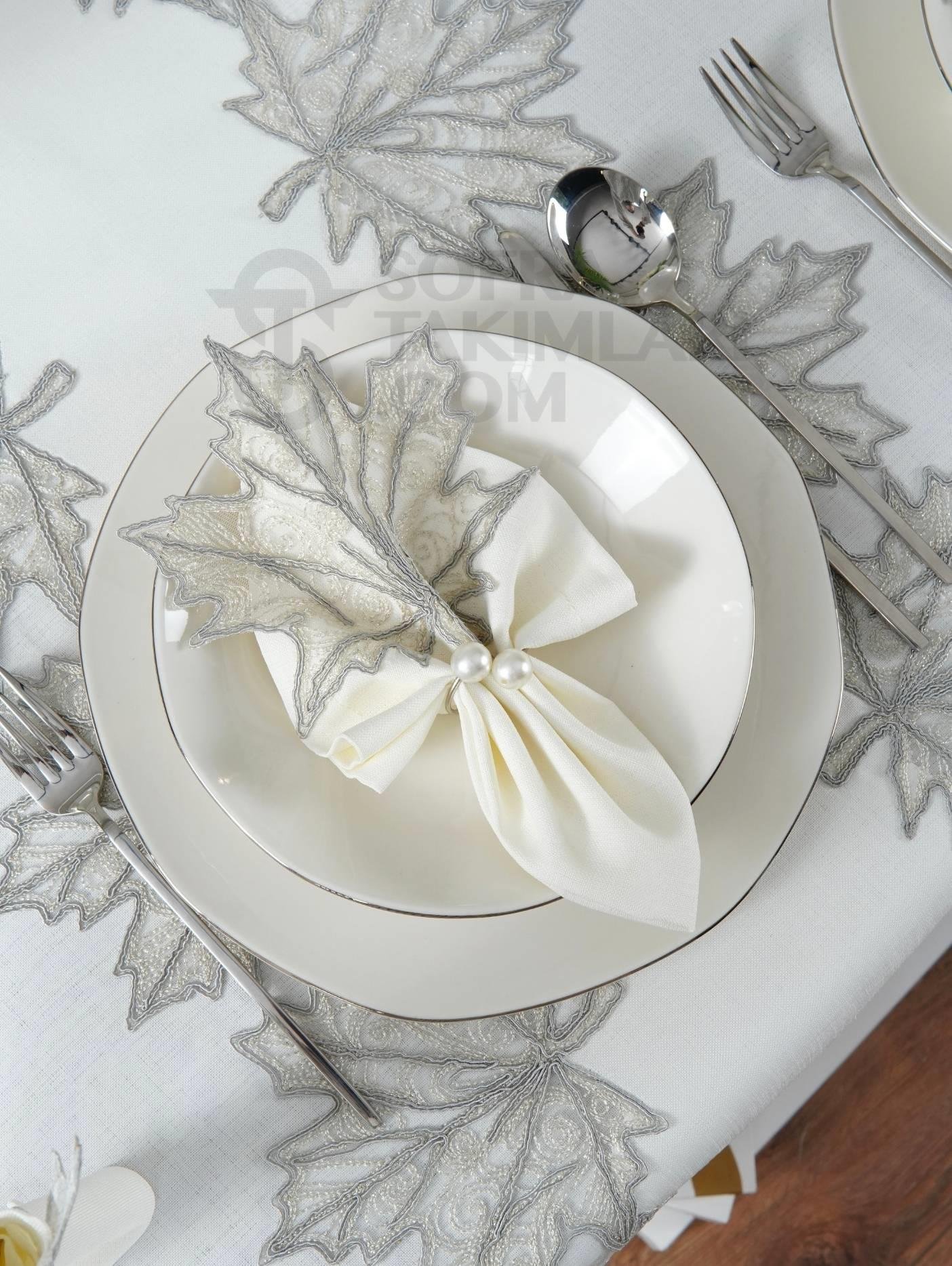 Çınar Lüx Masa Örtüsü Takımı 26 Parça - Gümüş Dantelli