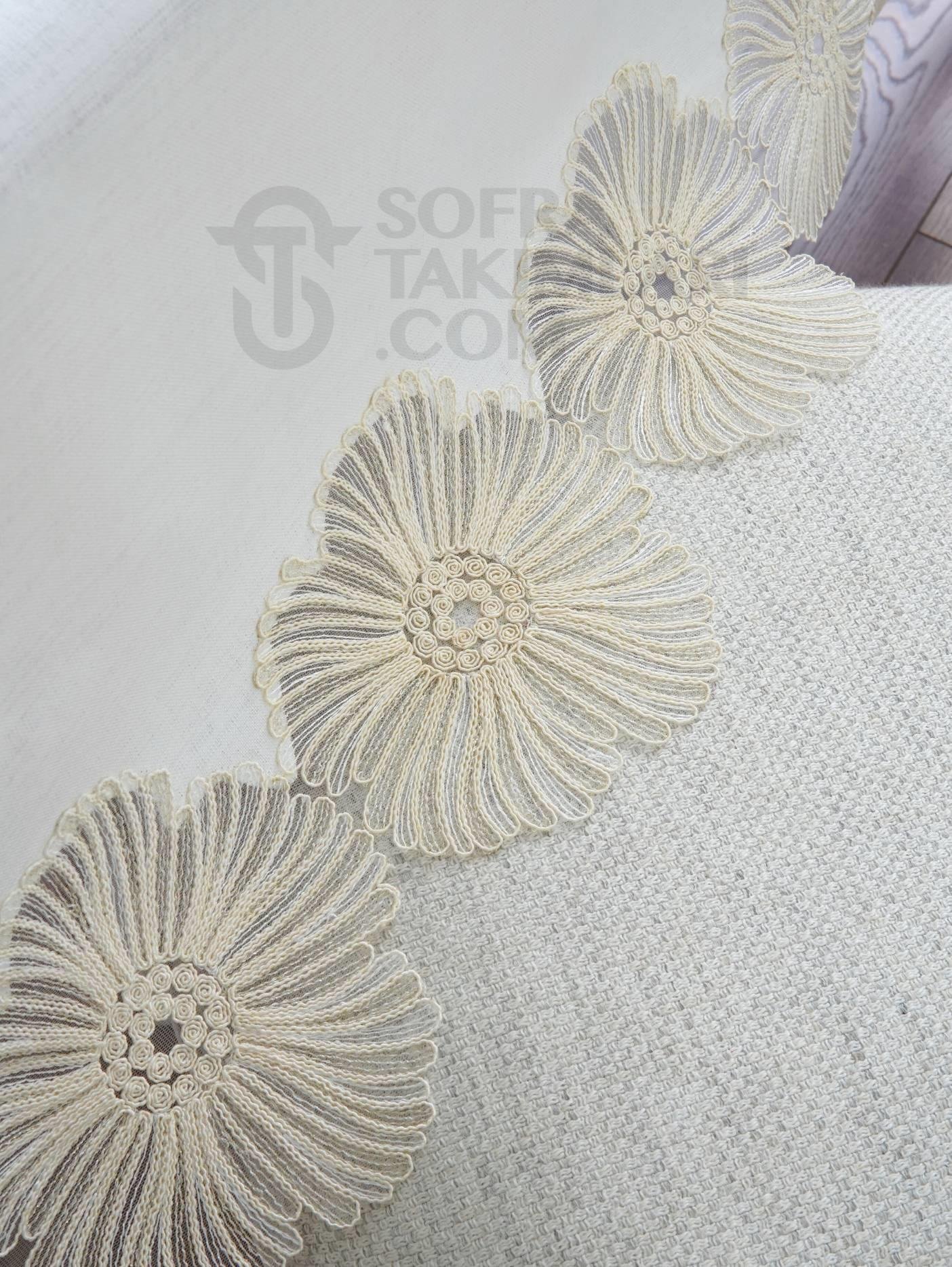 Delina Model Lüx Sofra Takımı - 26 Parça Set - Hasır Rengi Dantelli - Kırık Beyaz Keten Kumaş