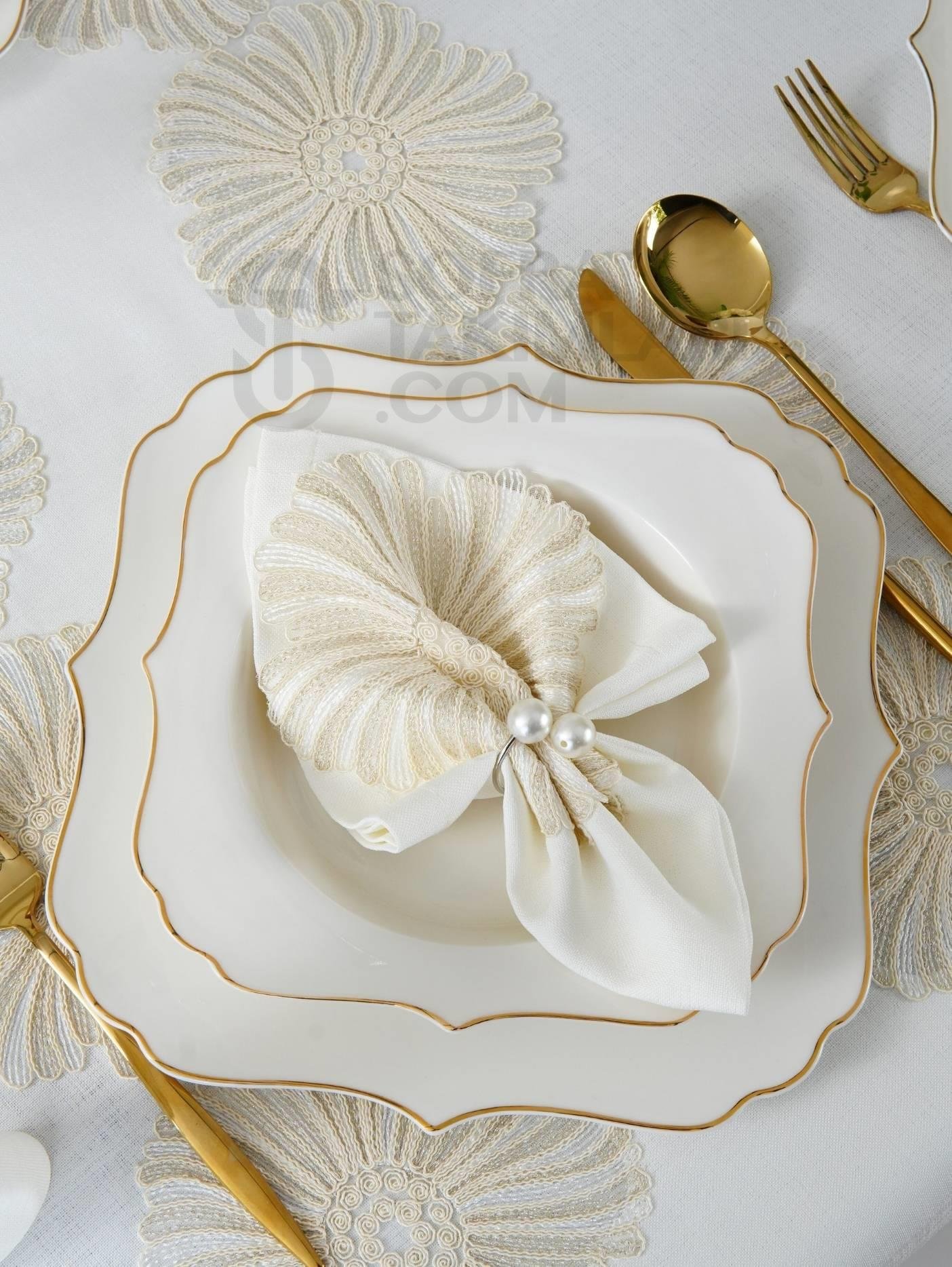 Delina Model Lüx Sofra Takımı - 26 Parça Set - Hasır Rengi Dantelli - Kırık Beyaz Keten Kumaş