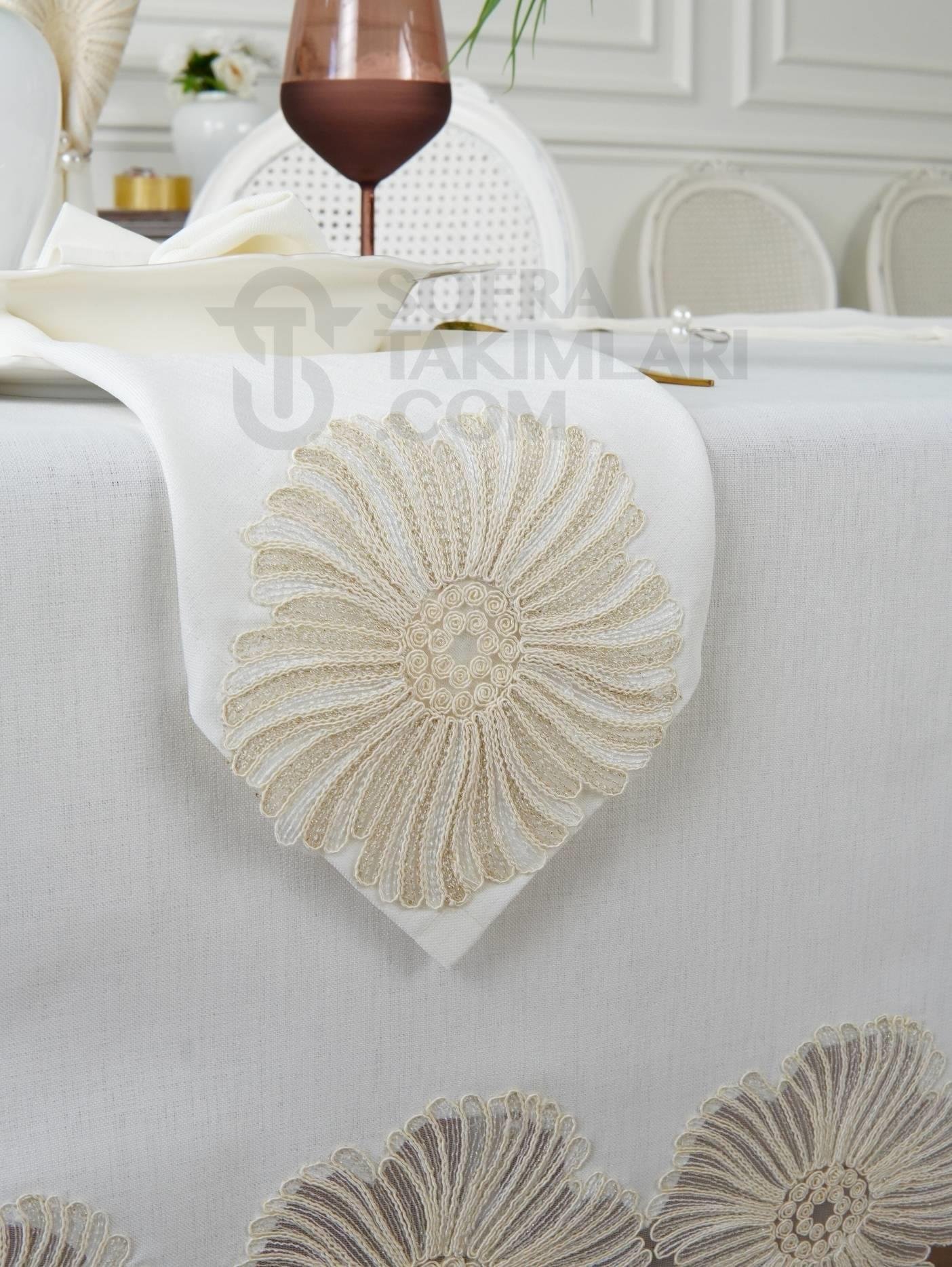 Delina Model Lüx Sofra Takımı - 26 Parça Set - Hasır Rengi Dantelli - Kırık Beyaz Keten Kumaş