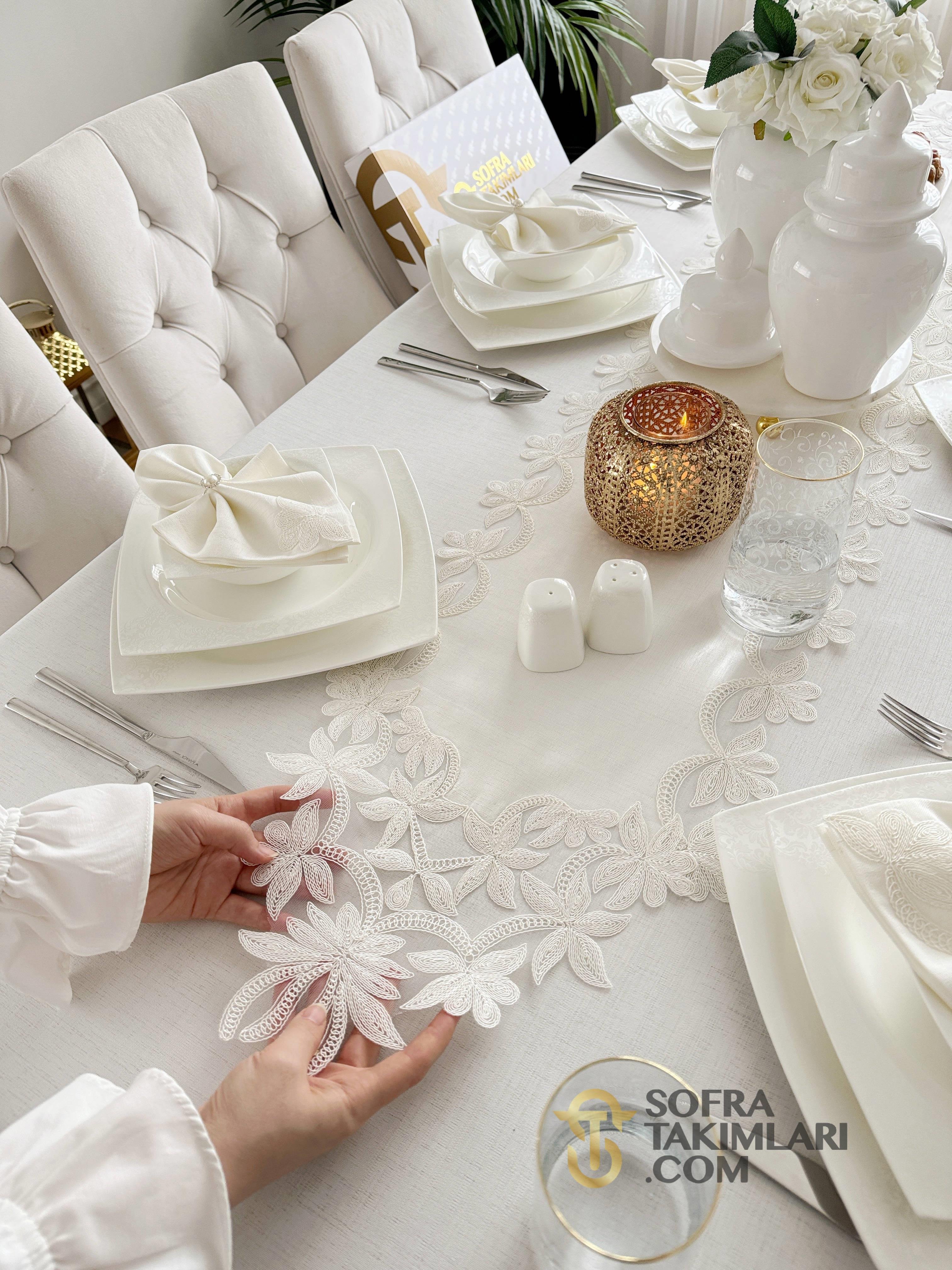 Dina Model 26 Parça Lüx Sofra Takımı Kırık Beyaz Renk Gardenya Kumaş 