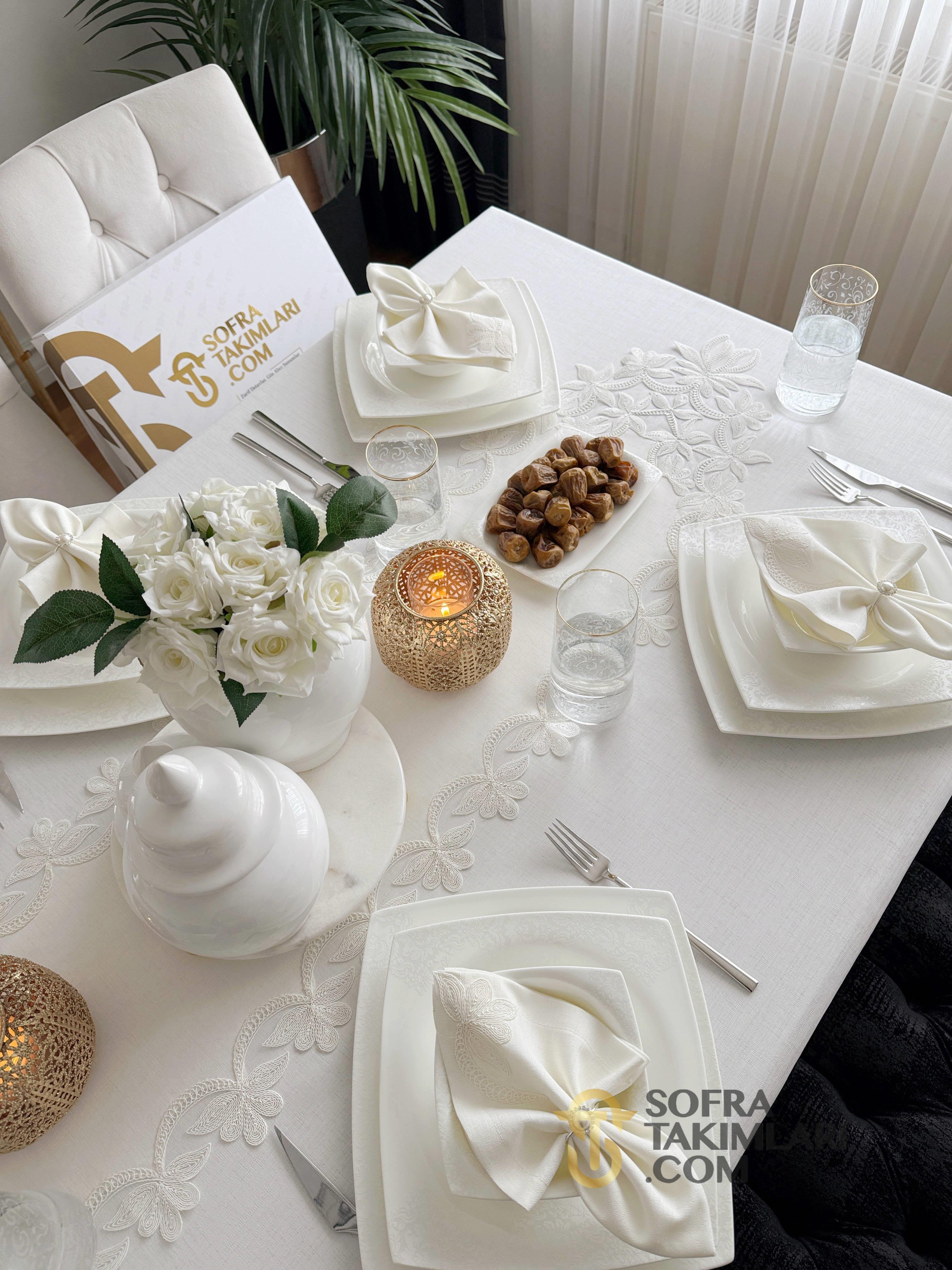 Dina Model 26 Parça Lüx Sofra Takımı Kırık Beyaz Renk Gardenya Kumaş 
