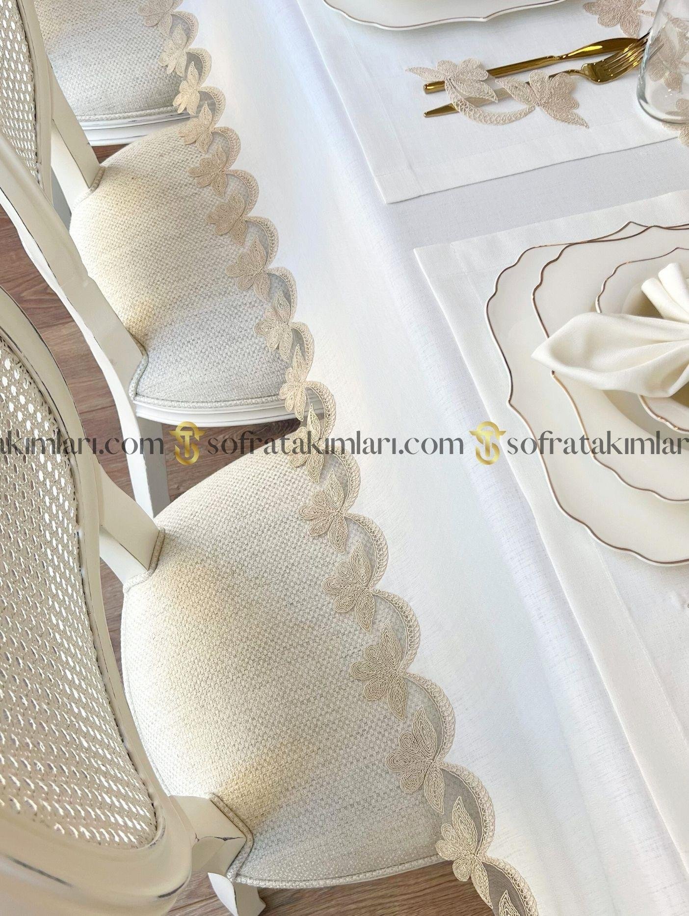 Dina Model 38 Parça Lüx Sofra Takımı Gold Dantelli Gardenya Kumaş 