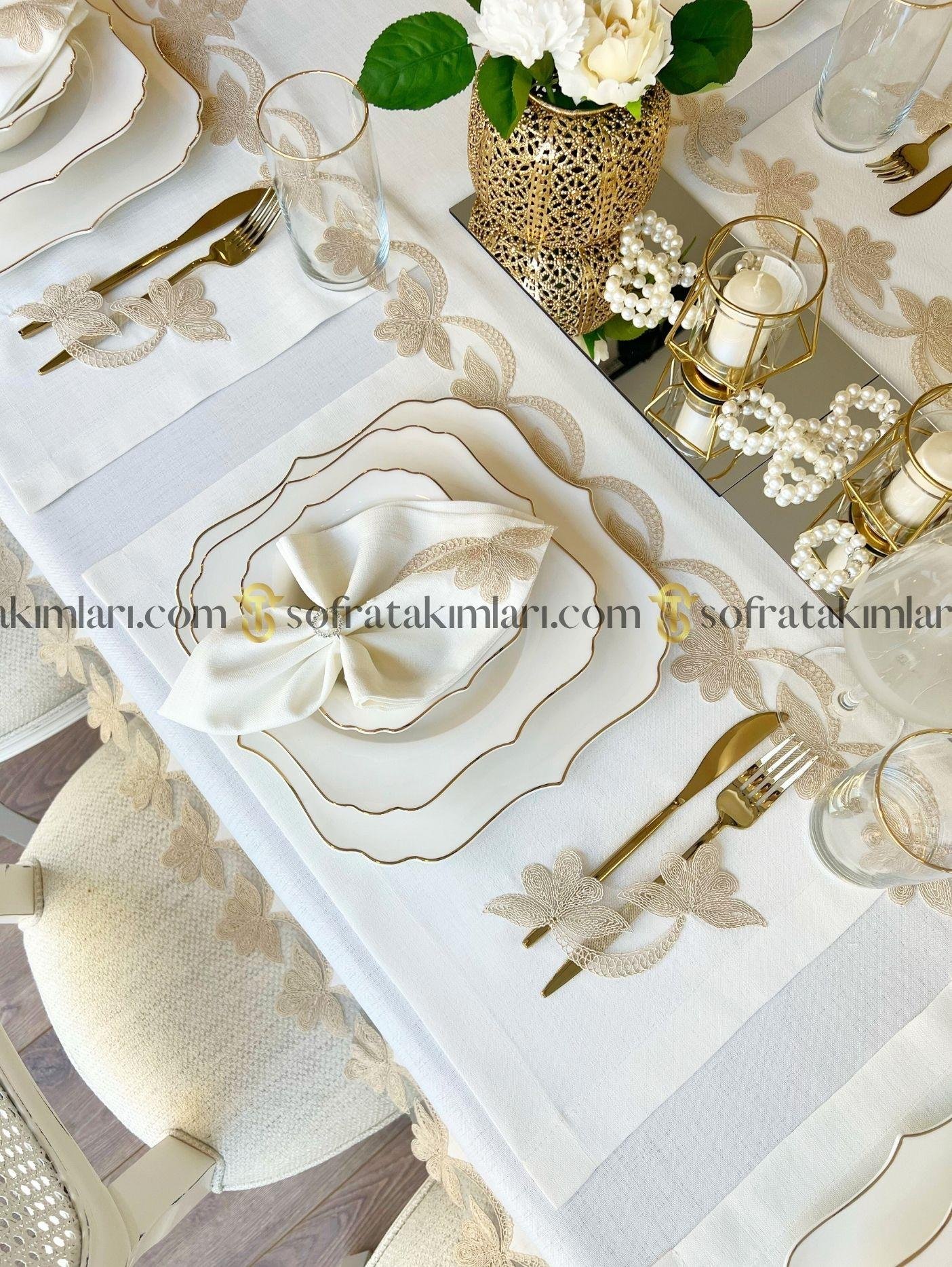 Dina Model 38 Parça Lüx Sofra Takımı Gold Dantelli Gardenya Kumaş 