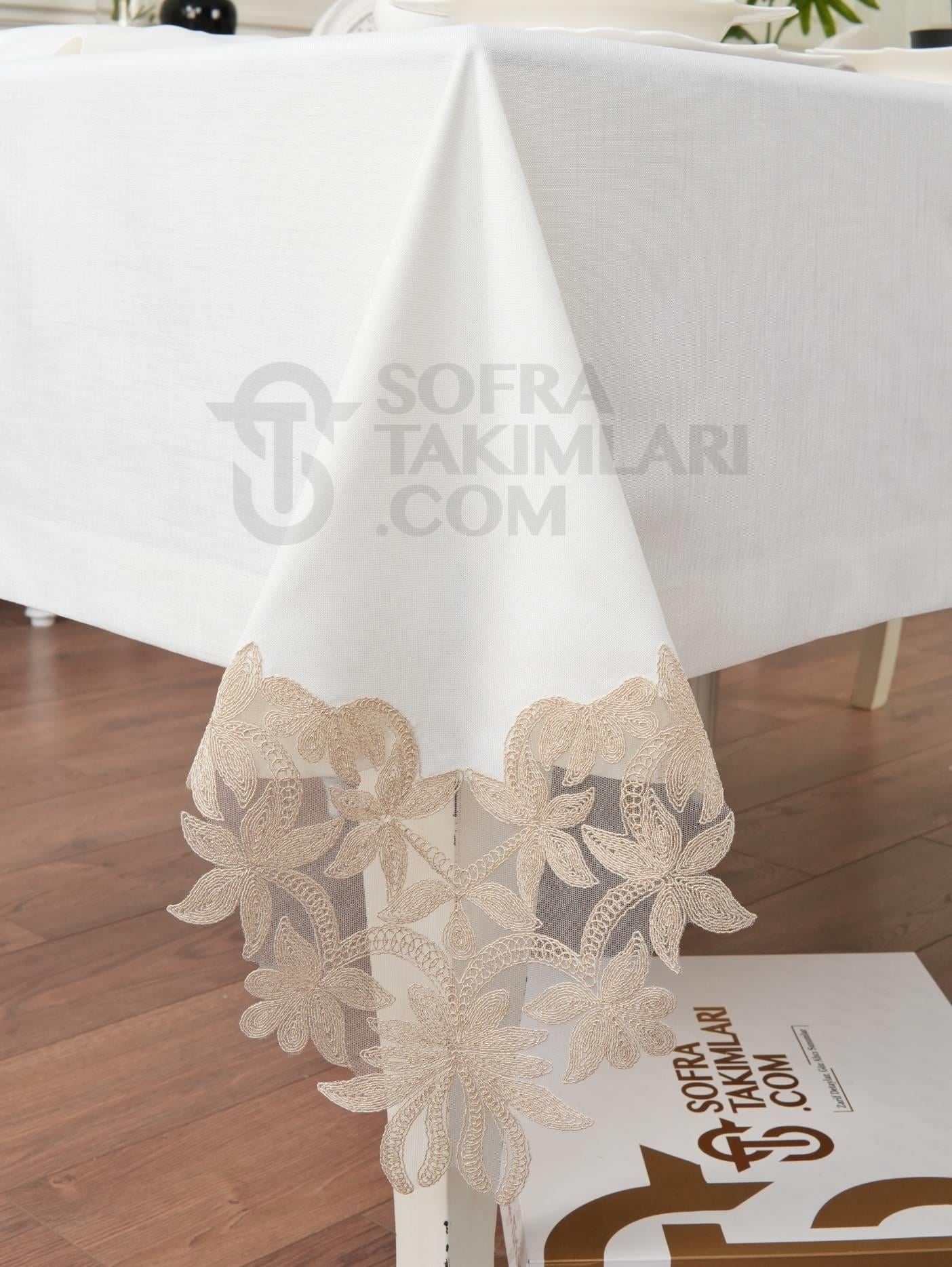 Dina Model Eko Masa Örtüsü + Runner Seti - Gold Dantelli