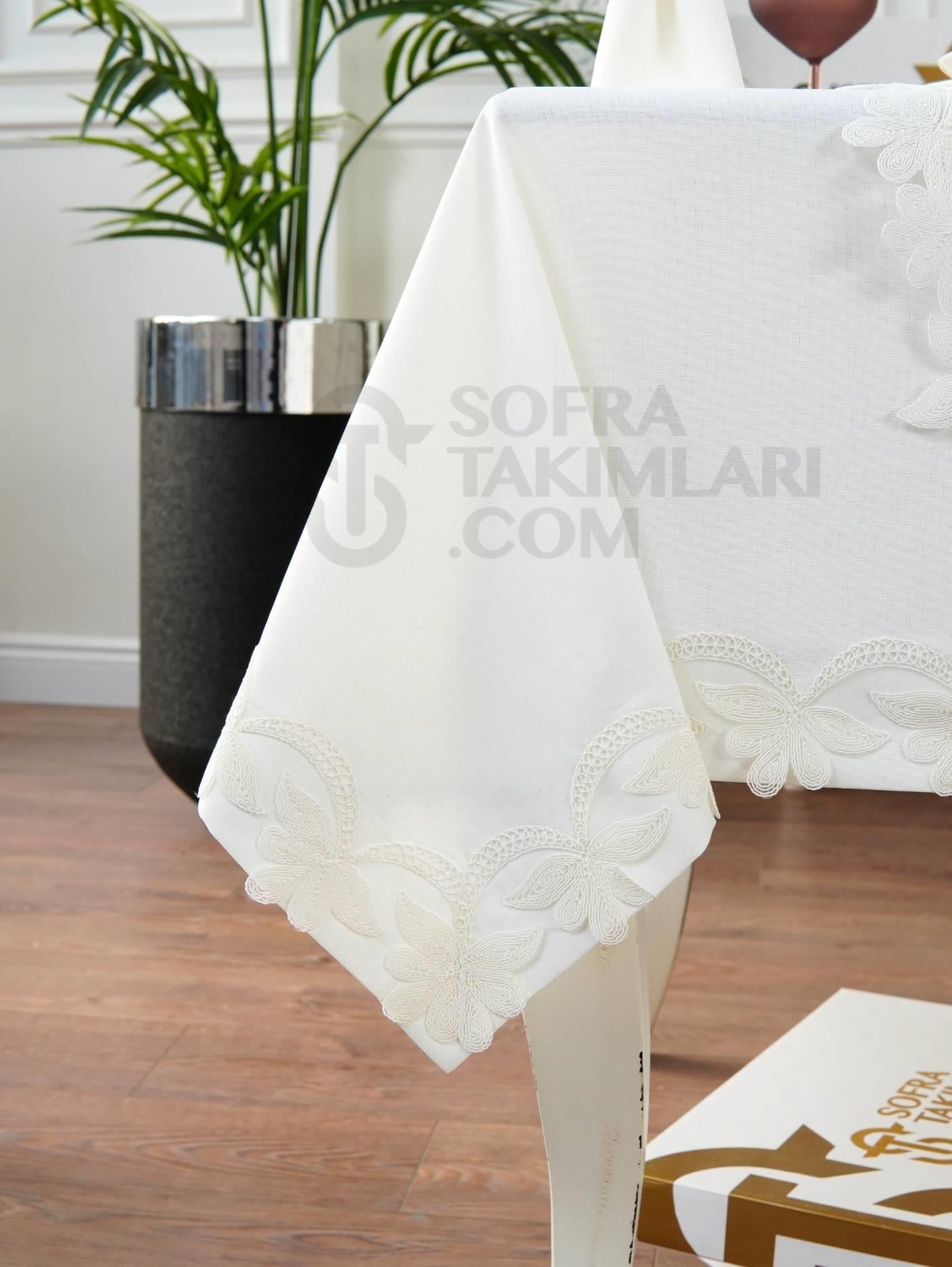Dina Model Eko Sofra Takımı 26 Parça Set - Kırık Beyaz Dantel - Kırık Beyaz Keten Kumaş