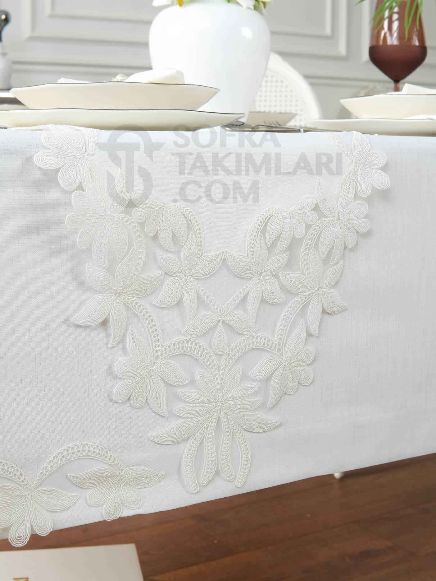 Dina Model Eko Sofra Takımı 26 Parça Set - Kırık Beyaz Dantel - Kırık Beyaz Keten Kumaş