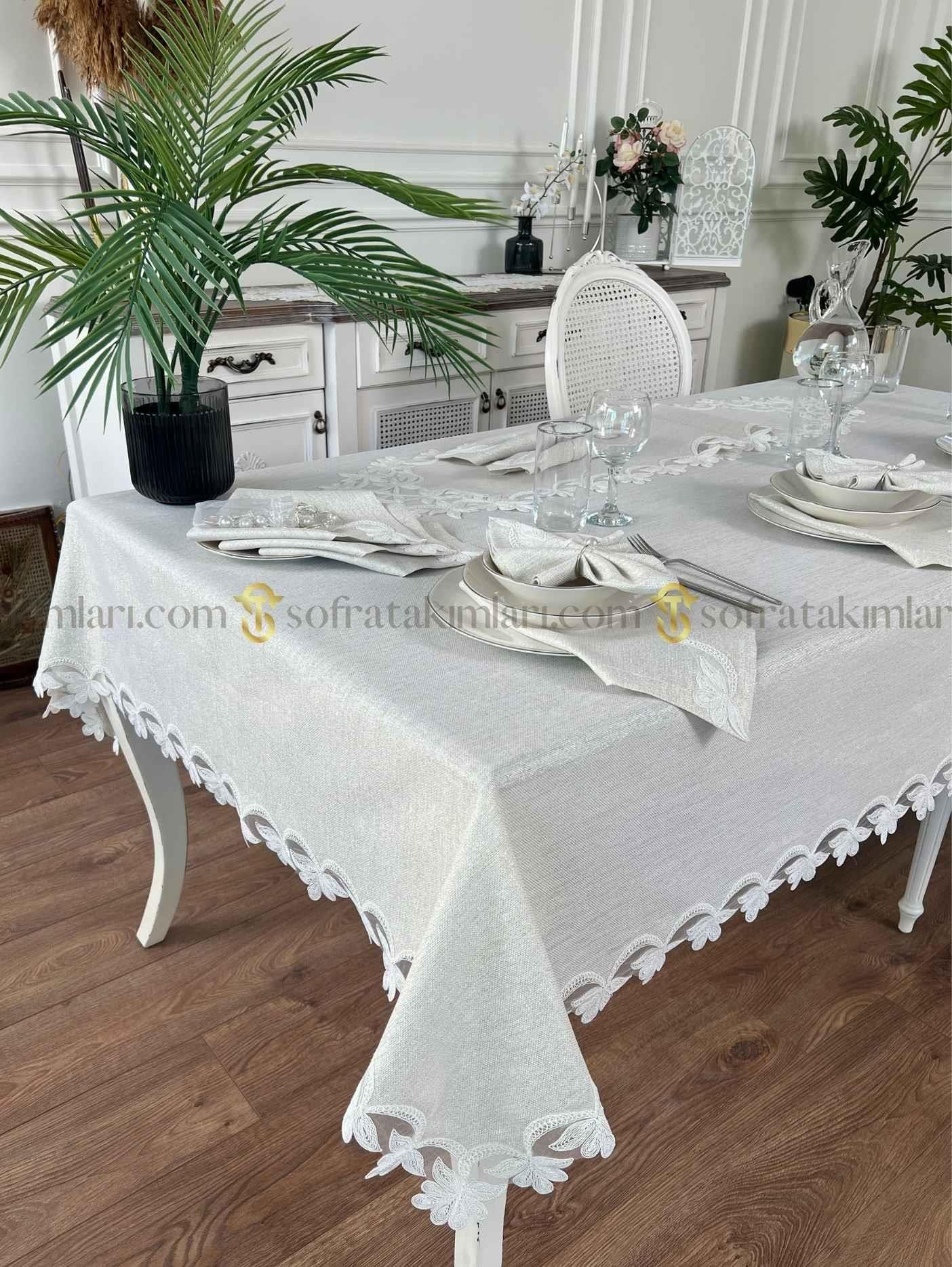 Dina Model Lüx 26 Parça Sofra Takımı - Kırık Beyaz Dantelli - Işıltılı Taş Rengi Kumaş