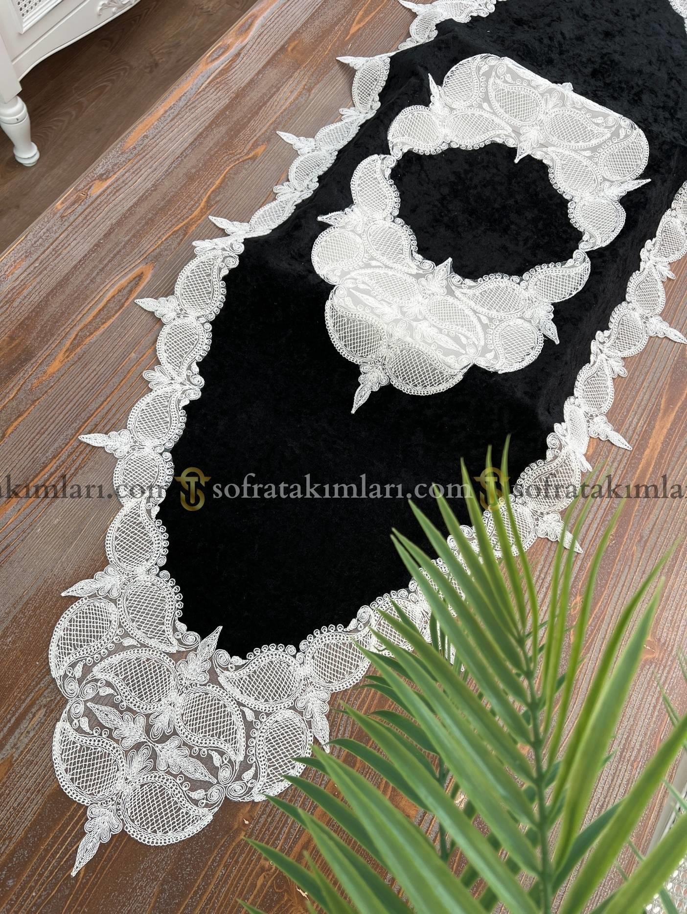 Ela Model 5 Parça Salon Örtü Takımı - Siyah Kadife Kumaş