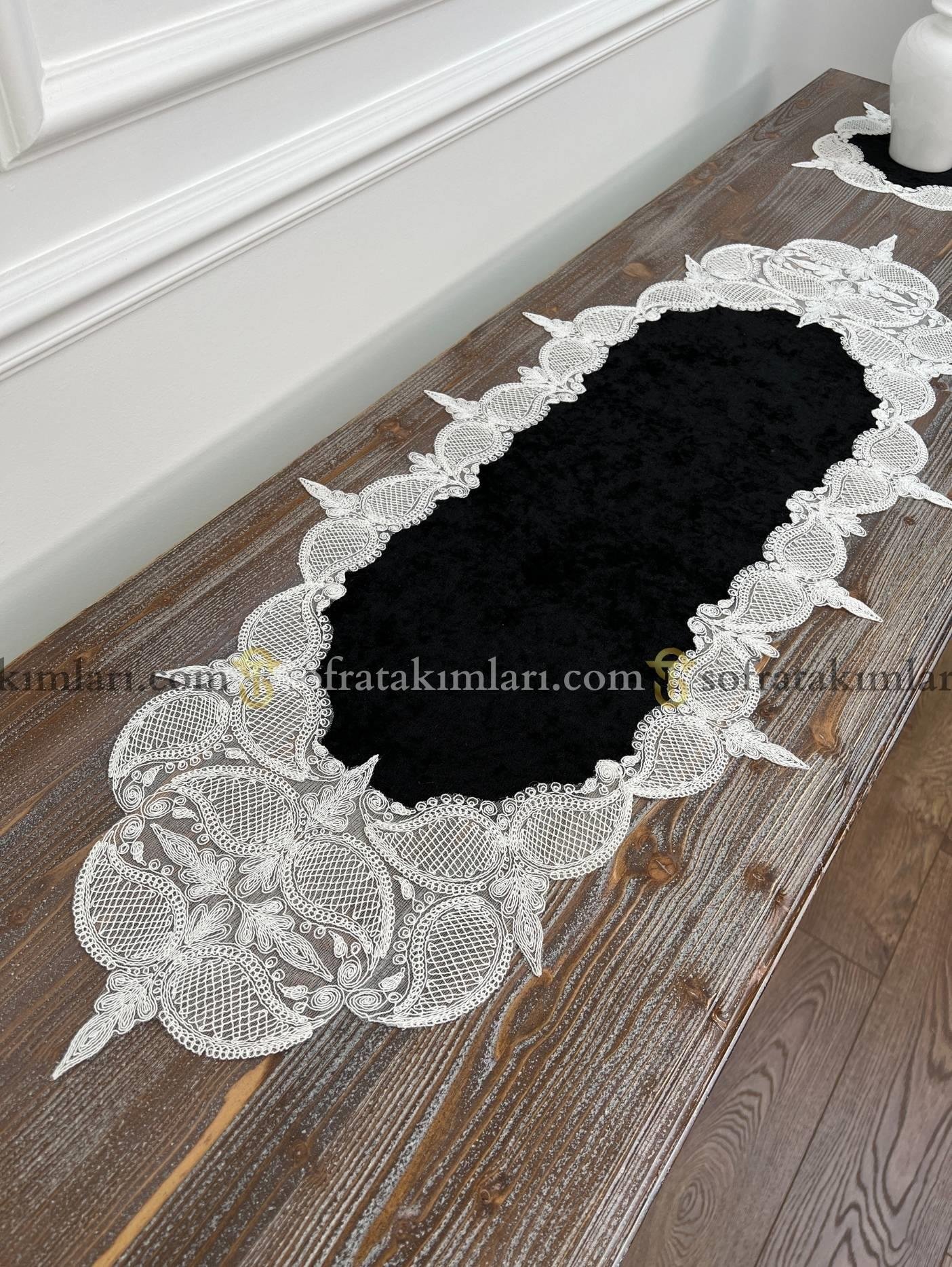 Ela Model 5 Parça Salon Örtü Takımı - Siyah Kadife Kumaş