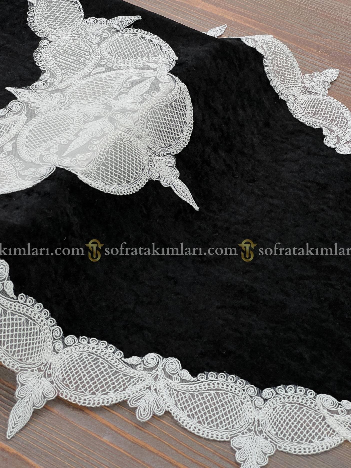 Ela Model 5 Parça Salon Örtü Takımı - Siyah Kadife Kumaş