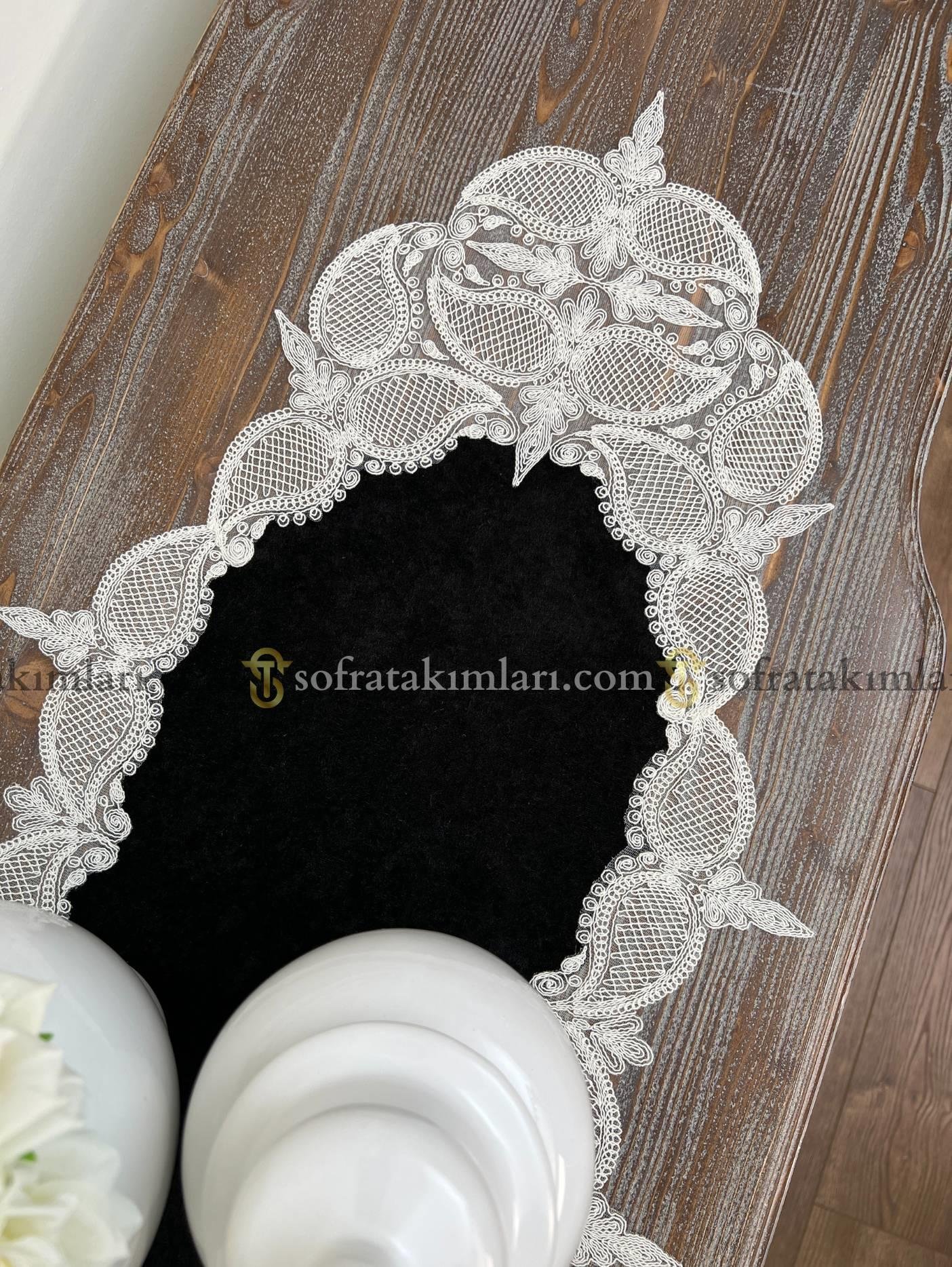 Ela Model 5 Parça Salon Örtü Takımı - Siyah Kadife Kumaş