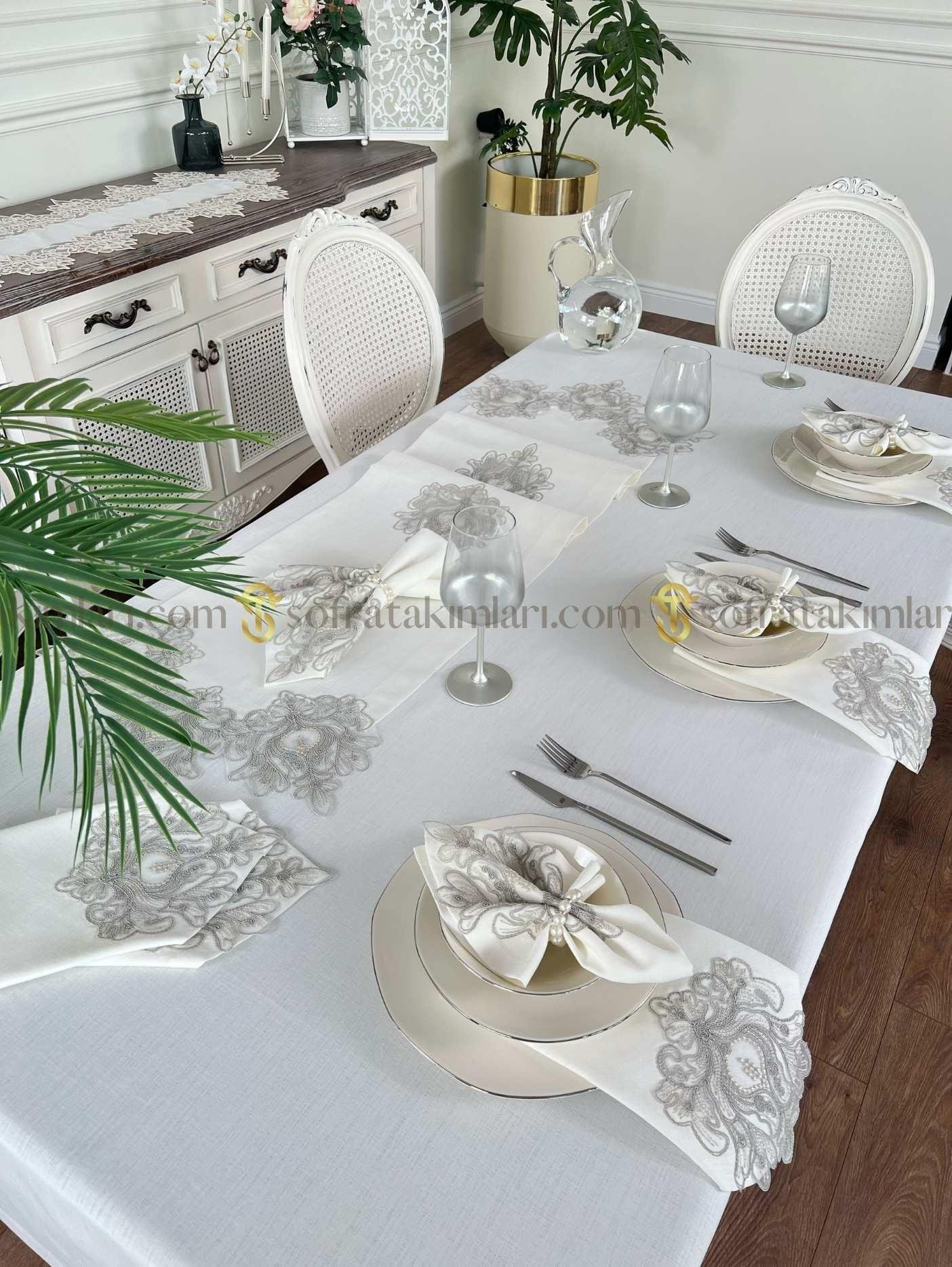 Elif Model Eko 26 Parça Sofra Takımı Amerikan Servisli Set - Gri Dantelli - Kırık Beyaz Kumaş