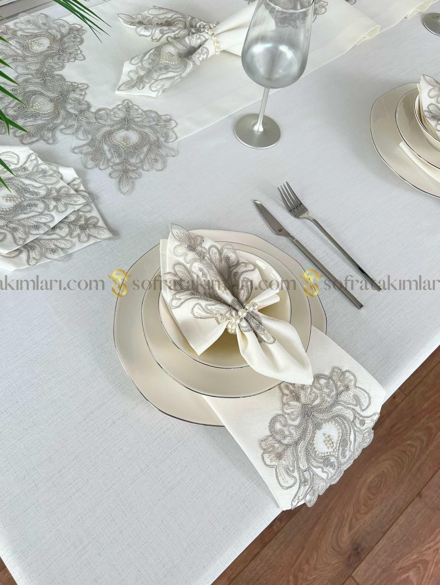 Elif Model Eko 26 Parça Sofra Takımı Amerikan Servisli Set - Gri Dantelli - Kırık Beyaz Kumaş